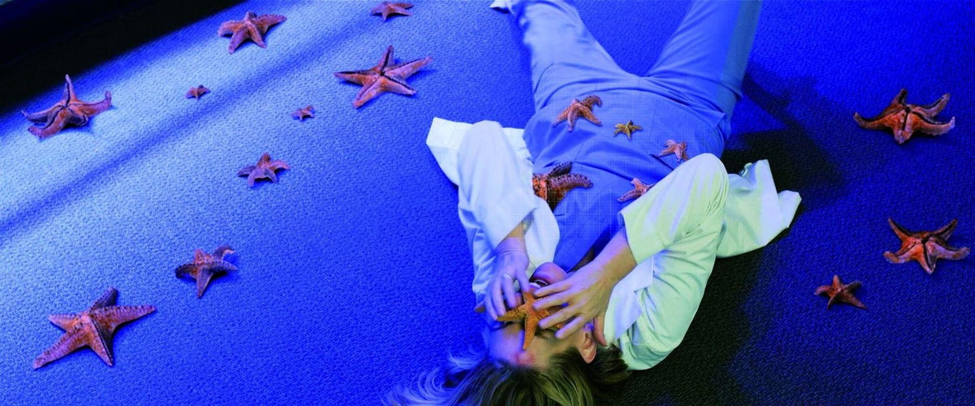 Eine Person liegt auf einer blauen Oberfläche mit Seesternen. Einige Seesterne befinden sich auf dem Körper und Gesicht der Person.