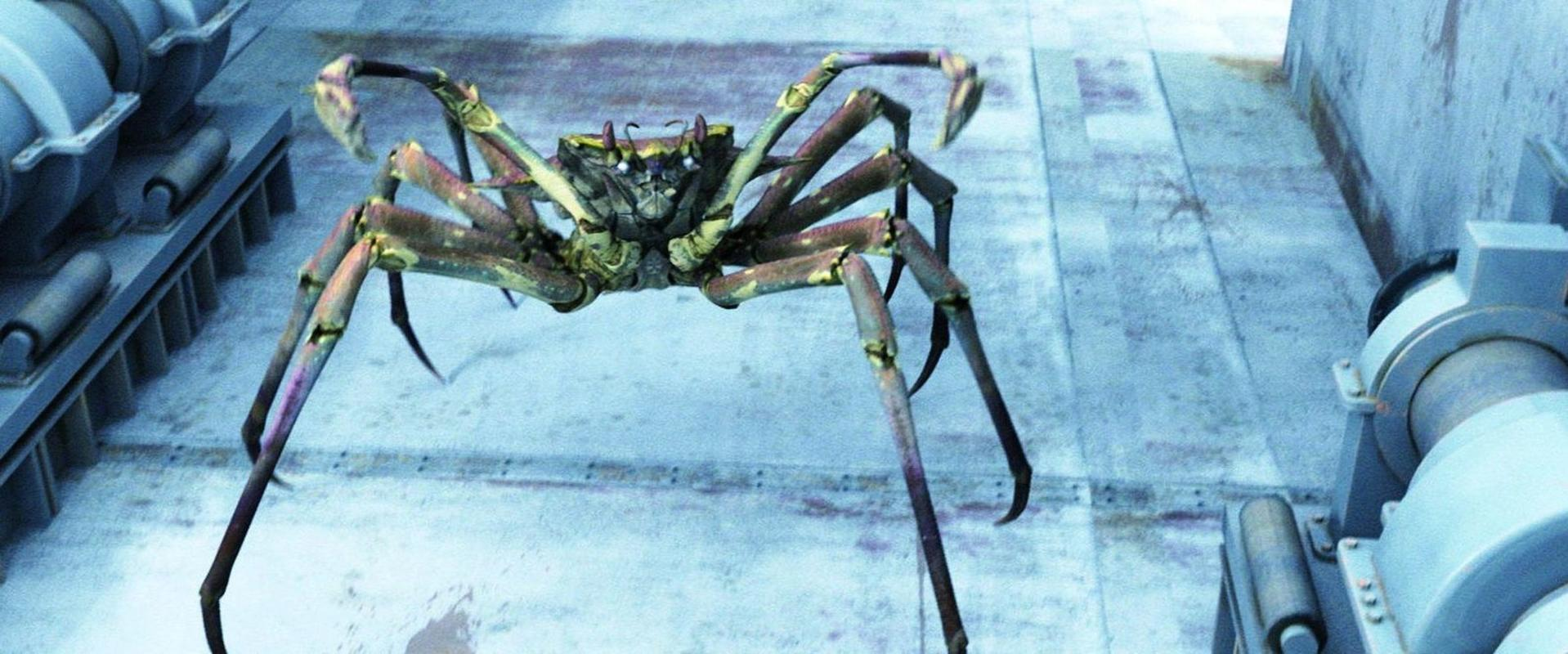 Ein großes, krabbenartiges Wesen mit vielen Beinen steht auf einer metallischen Oberfläche. Es hat einen detaillierten Körper und eine bedrohliche Präsenz.