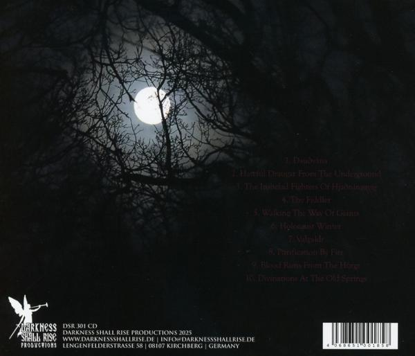 Mondschein-Nachtszene mit Ästen. Ein heller Mond scheint hindurch. Text und Logo unten.
