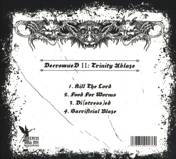 Albumcover mit weißem Hintergrund und schwarzem Rand. Es zeigt eine dämonische Illustration und Text mit dem Albumtitel und der Titelliste.