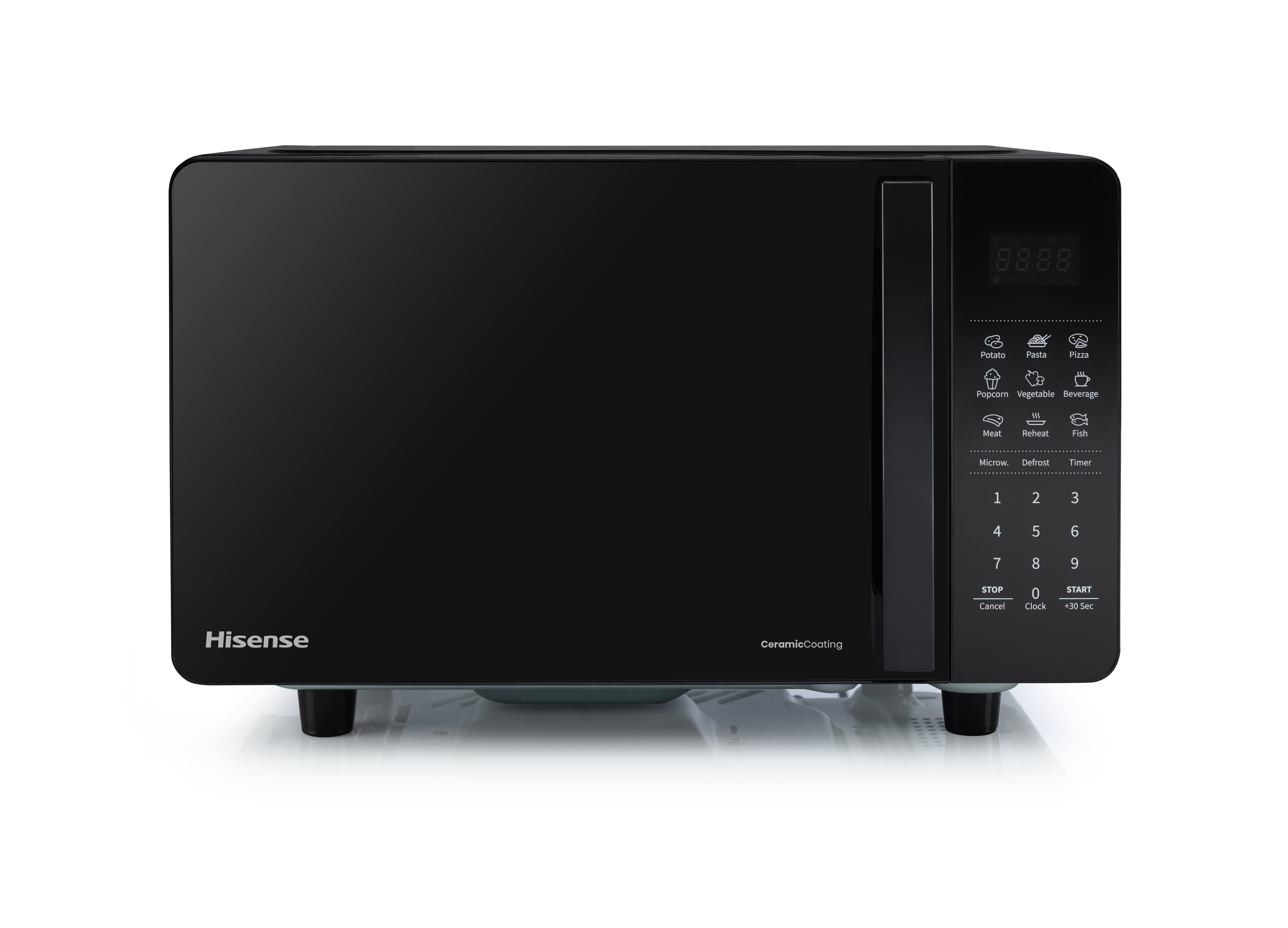 Ein schwarzer Hisense-Mikrowellenherd. Er hat eine digitale Anzeige und Tasten für verschiedene Kochoptionen.