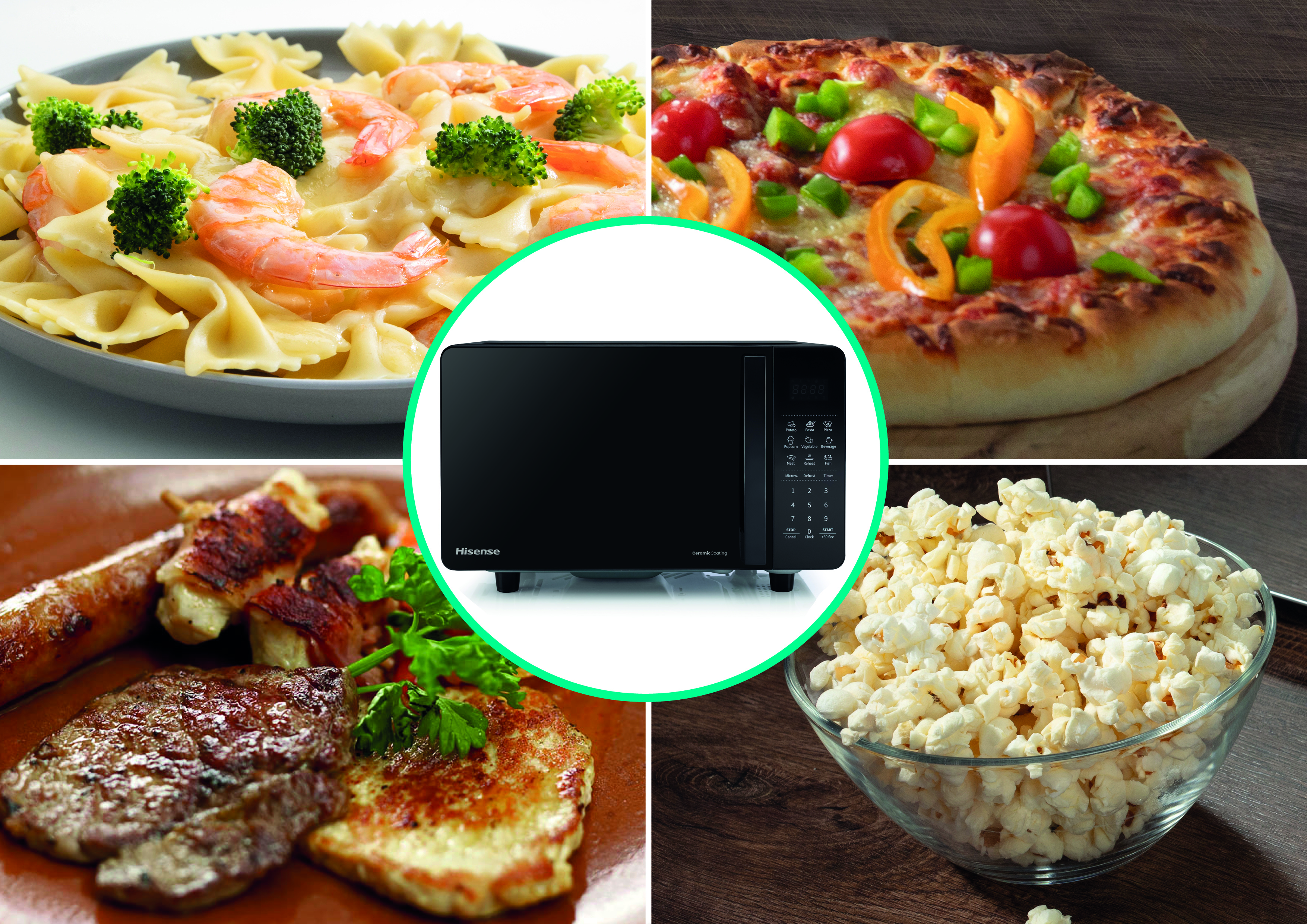 Das Bild zeigt eine Mikrowelle, umgeben von Pasta mit Garnelen und Brokkoli, Pizza, gekochtem Fleisch und Popcorn.