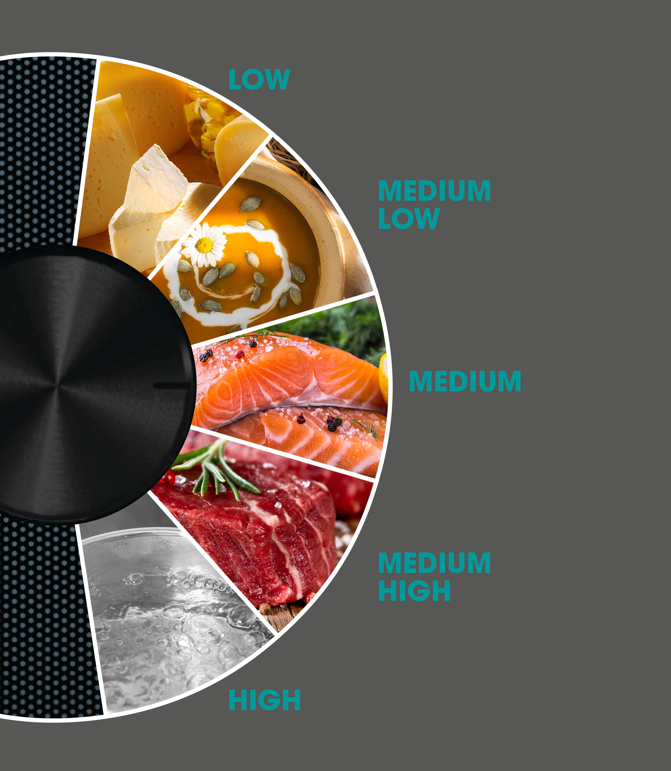 Das Bild zeigt einen Knopf mit Lebensmittelbildern: Käse, Suppe, Lachs, Steak und kochendem Wasser. Etiketten zeigen die Hitze.