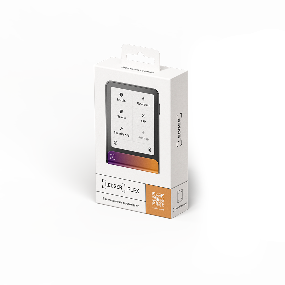 Eine Ledger Flex-Box mit einem Bildschirm, der Bitcoin, Ethereum, Solana und XRP anzeigt. Die Box ist weiß mit dem Ledger-Logo.