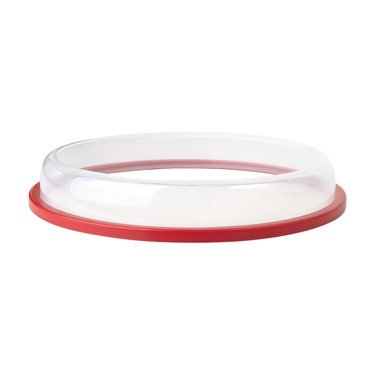 Un coperchio per alimenti di plastica trasparente e arrotondato con bordo rosso è su sfondo bianco. Il coperchio è a forma di cupola.
