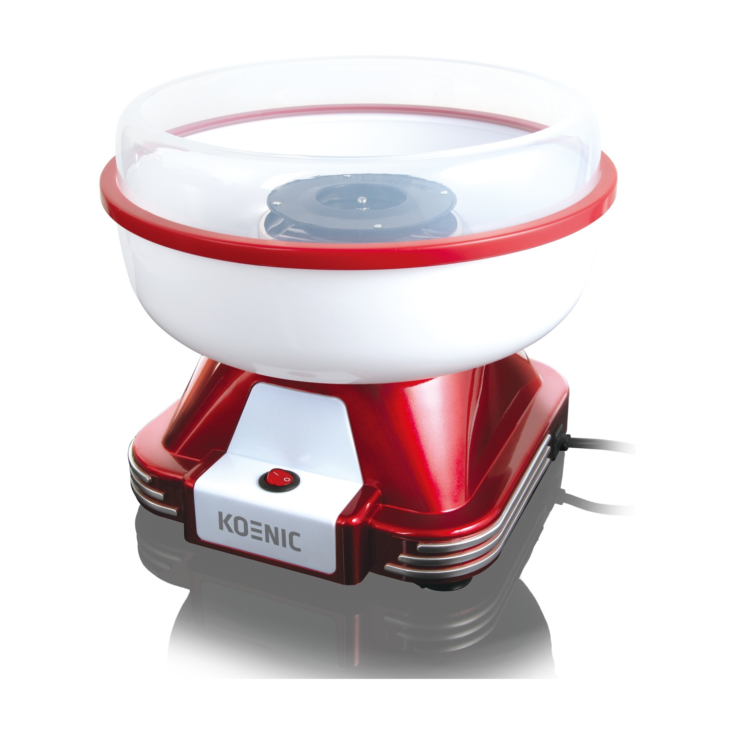 Una macchina per zucchero filato rossa e bianca con una cupola trasparente. La base è rossa, con un pannello bianco e il marchio KOENIC.