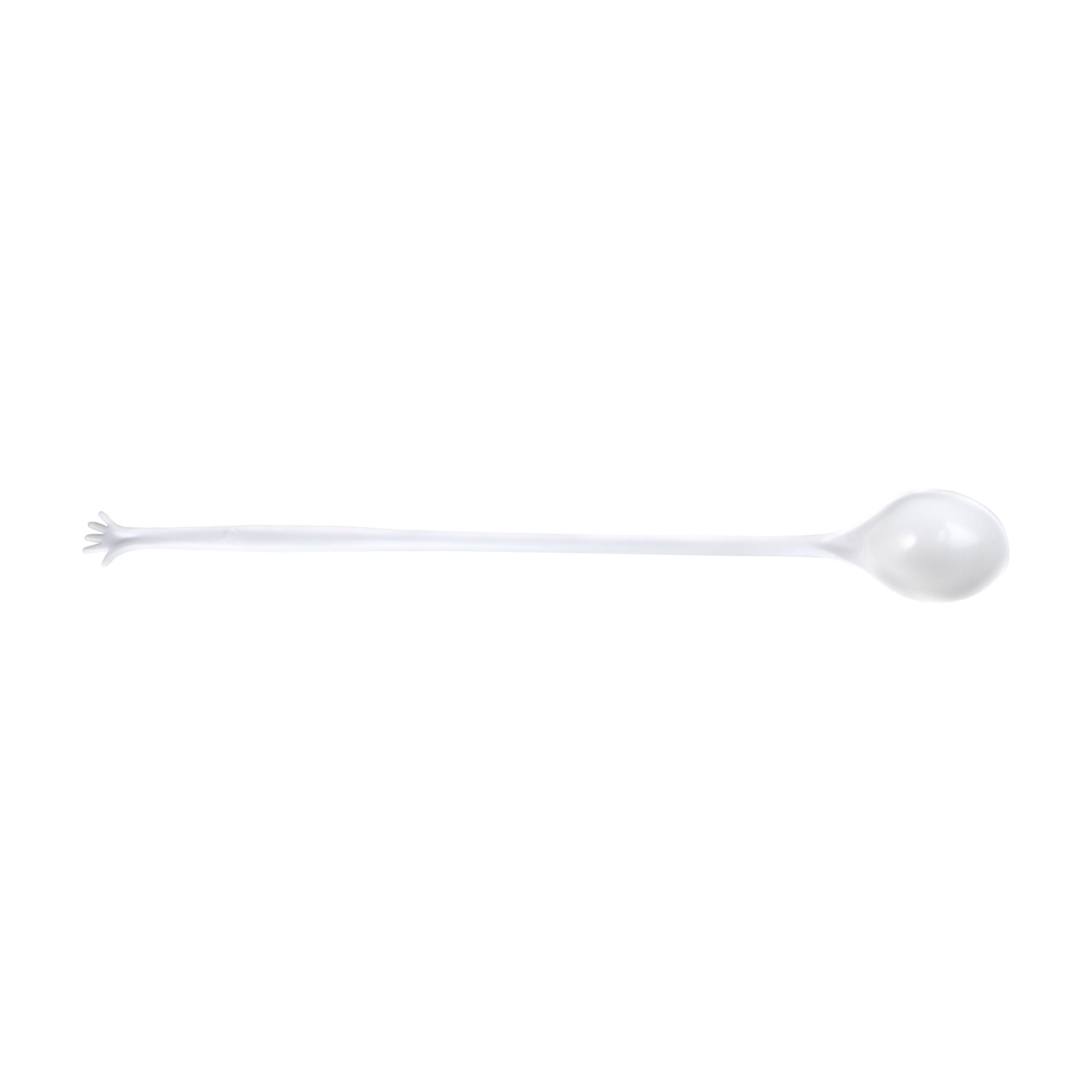 Uno strumento trasparente con manico lungo, con un'estremità a forma di cucchiaio e una piccola estremità a forma di mano. Su sfondo bianco.