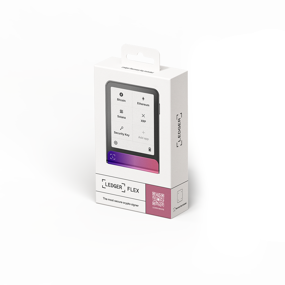 Eine Ledger Flex Box. Der Bildschirm zeigt Bitcoin, Ethereum, Solana und XRP. Die Box hat einen QR-Code und die Worte 'Der sicherste Krypto-Signierer'.