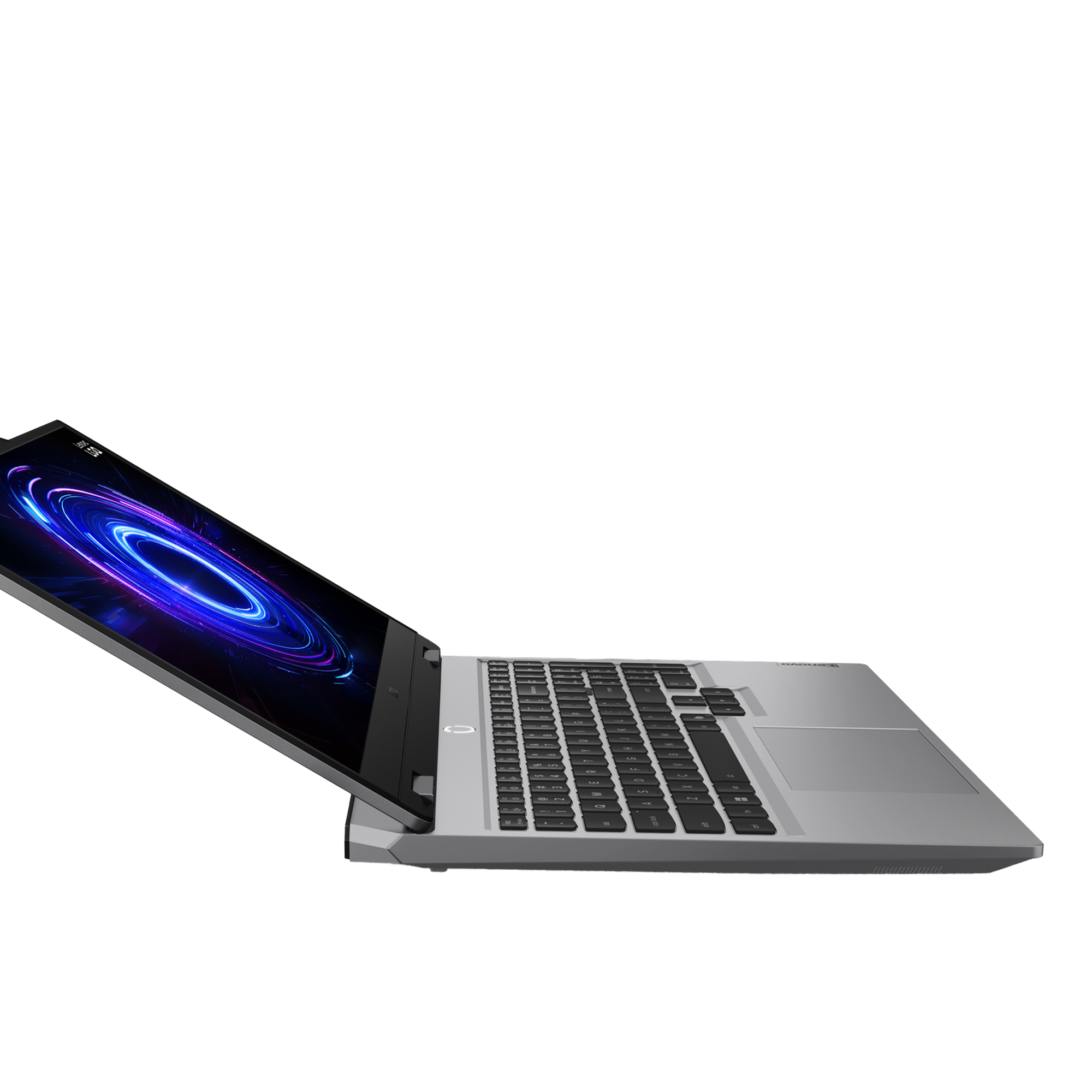 Ein silberner Laptop ist geöffnet. Der Bildschirm zeigt ein blaues und violettes Design. Die Tastatur ist schwarz.