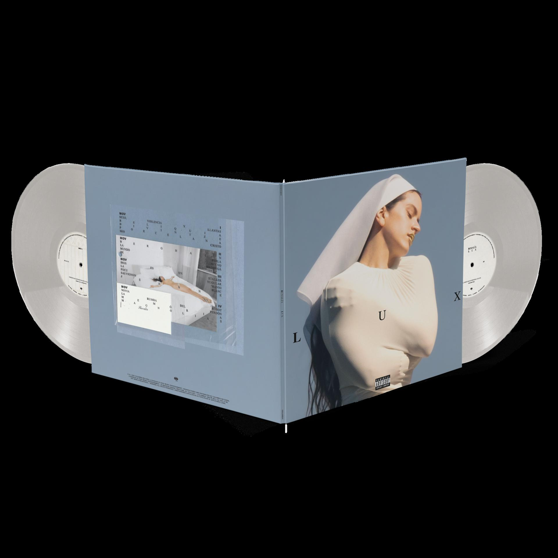 Albumcover: Rosalía in weißer Kleidung, hält das Album. Vinylplatten auf beiden Seiten. Albumtitel ist 'LUX'.