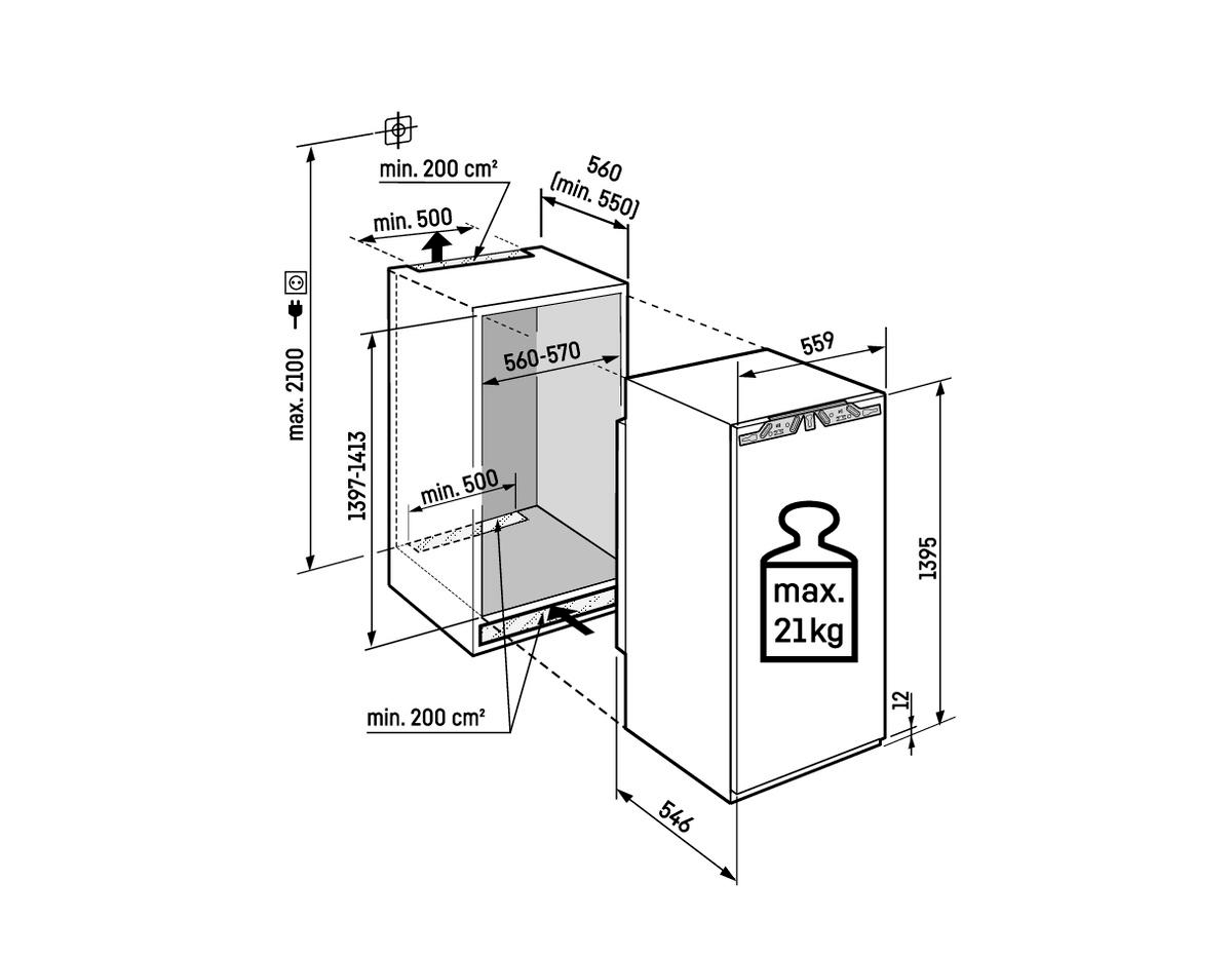 Diagramm eines Einbaugeräts mit Abmessungen. Zeigt Höhe, Breite und Tiefe in Millimetern. Enthält eine Gewichtsgrenze von 21 kg.