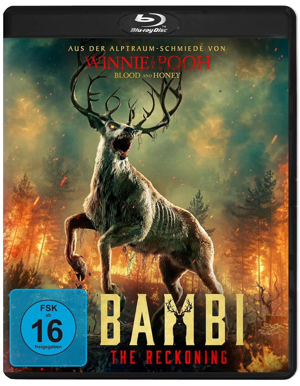 Blu-ray-Cover mit einem hirschähnlichen Wesen mit großem Geweih in einer Waldbrandszene. Text: Bambi The Reckoning.