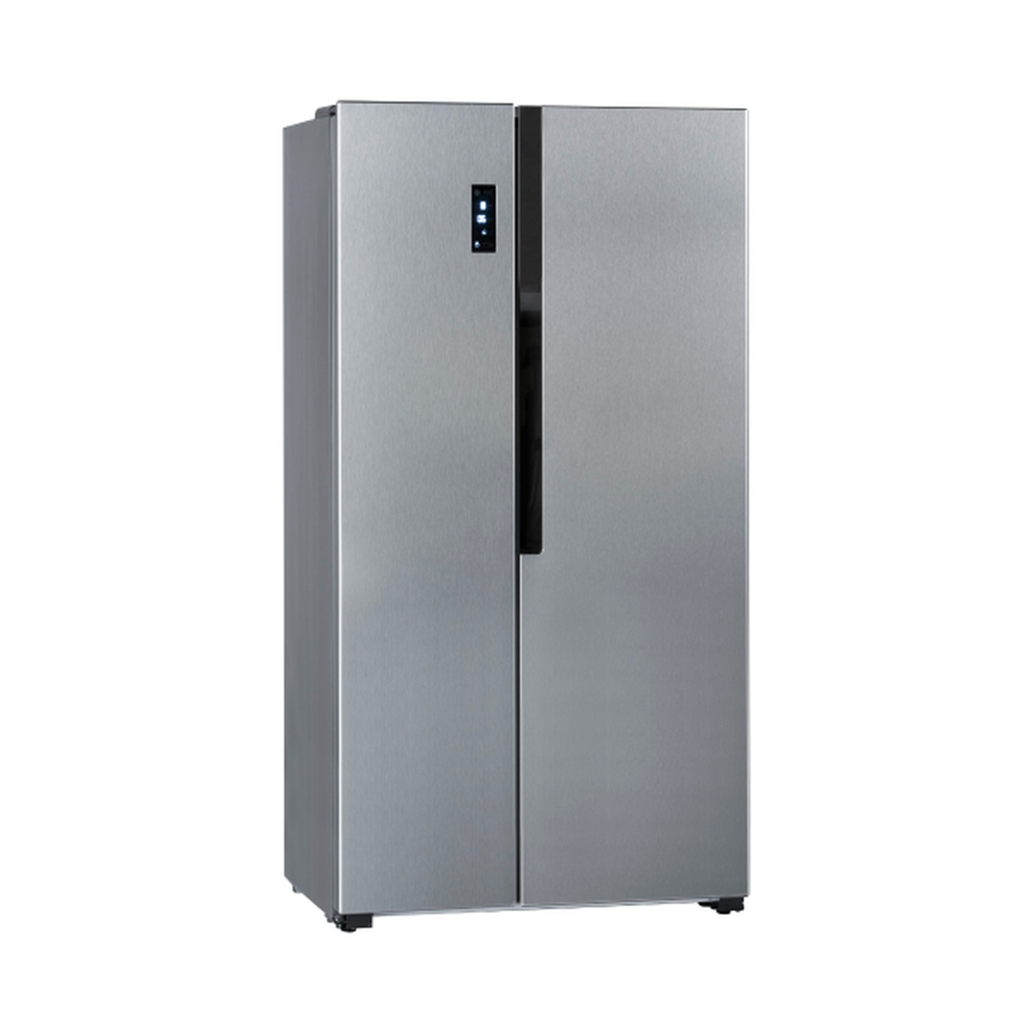 A stainless steel side-by-side refrigerator. It has two doors and a display. The background is white.