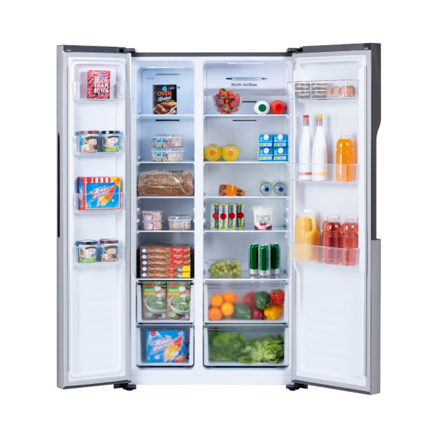 Open refrigerator filled with various food items: fruits, vegetables, drinks, and packaged goods, arranged on shelves and in drawers.