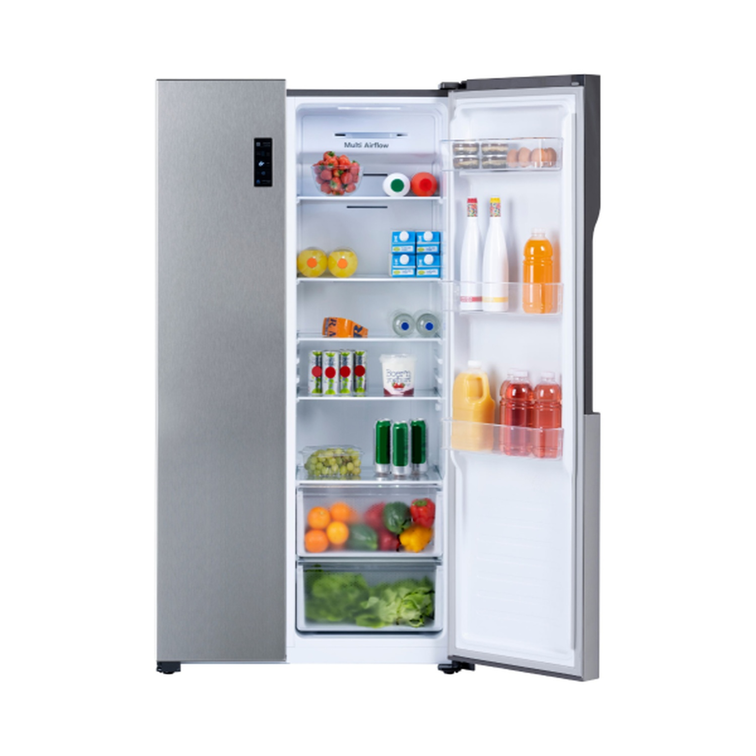 A silver refrigerator with the door open, showing shelves filled with fruits, vegetables, drinks, and dairy products. The fridge is on white background.