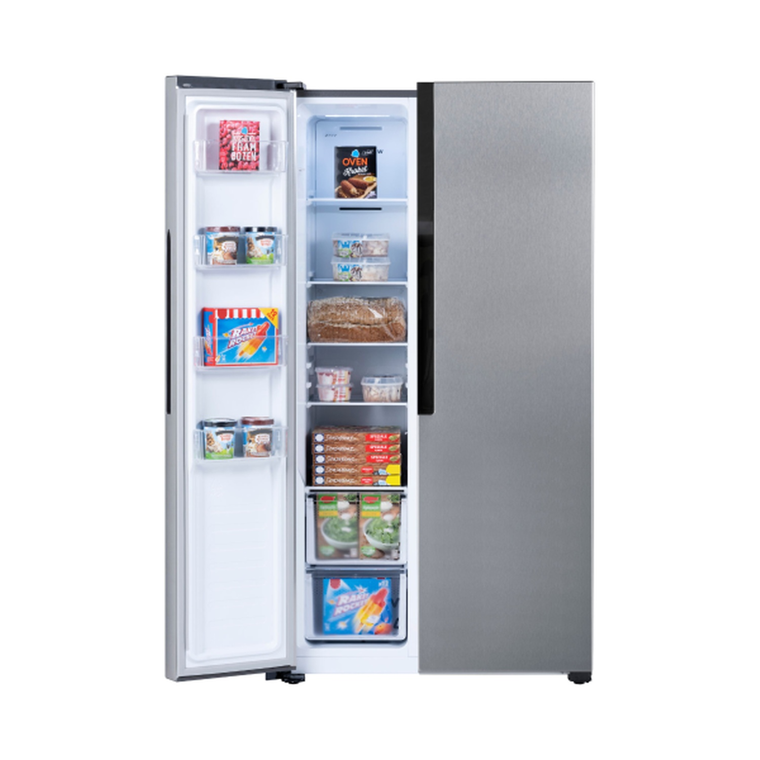 A stainless steel refrigerator with one door open, revealing shelves of food items like ice cream, frozen meals, and bread.