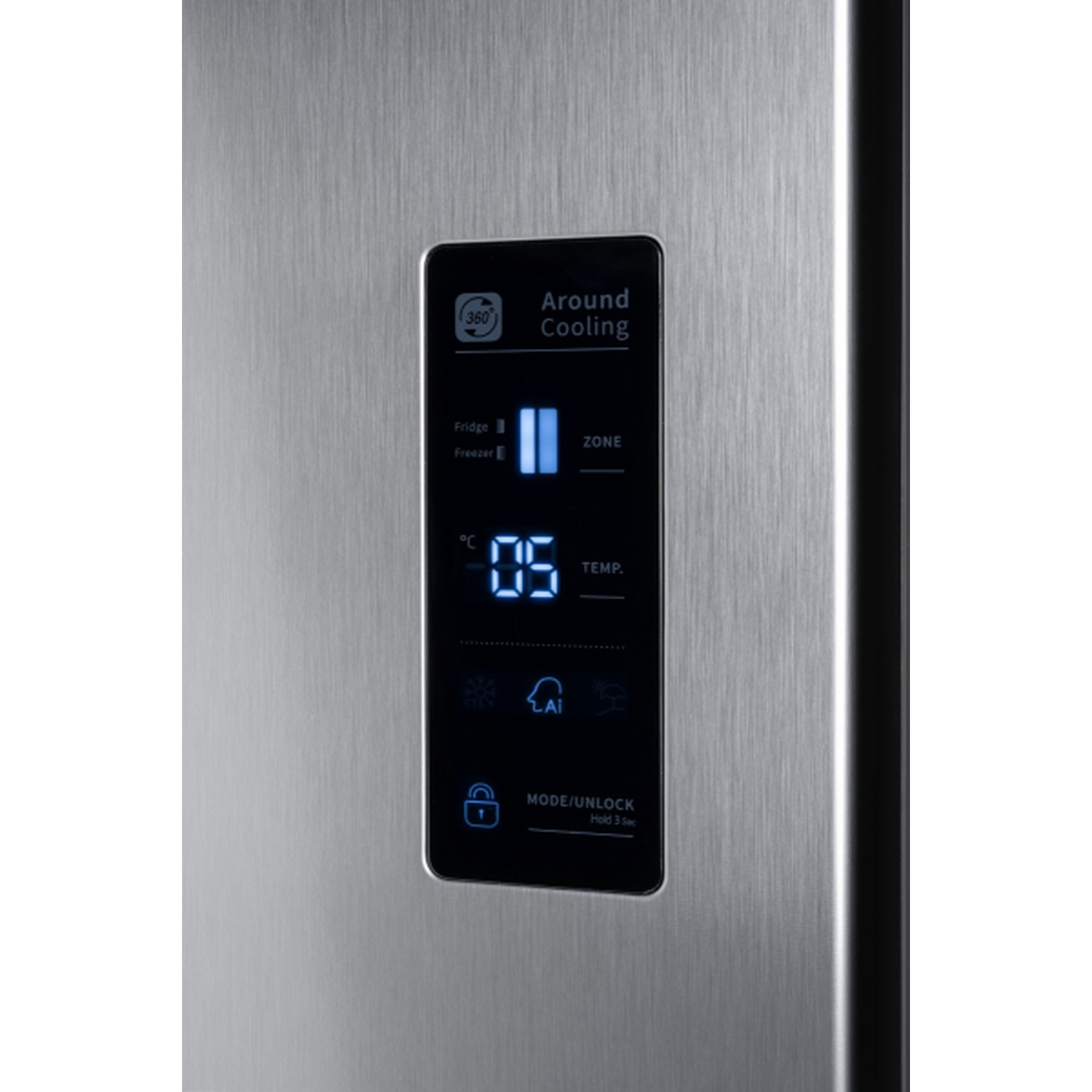 A refrigerator door with a digital control panel. It displays temperature and settings like fridge/freezer and cooling options.