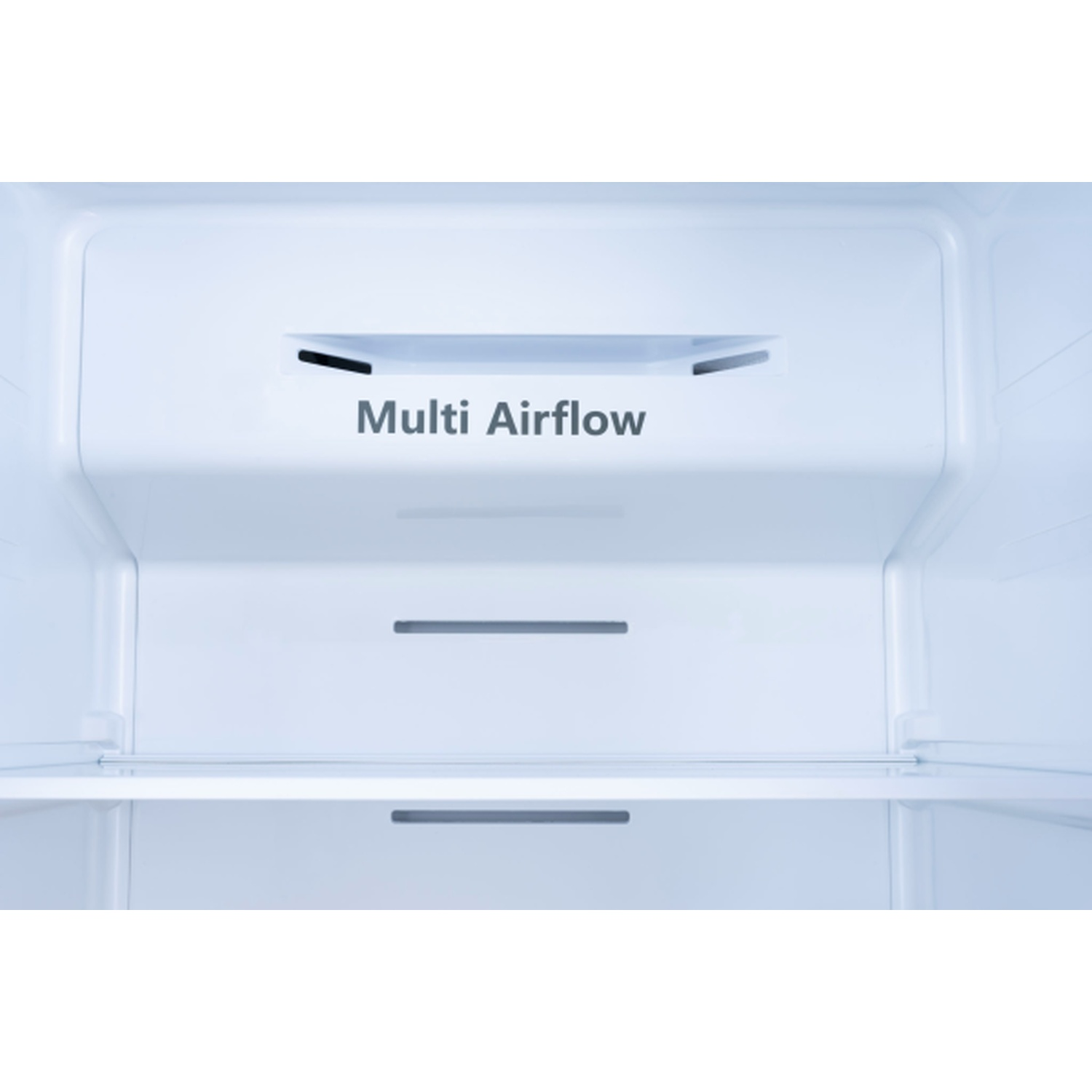 Inside a refrigerator. White interior with a 'Multi Airflow' sign. There are shelves and vents. The overall color is light blue.