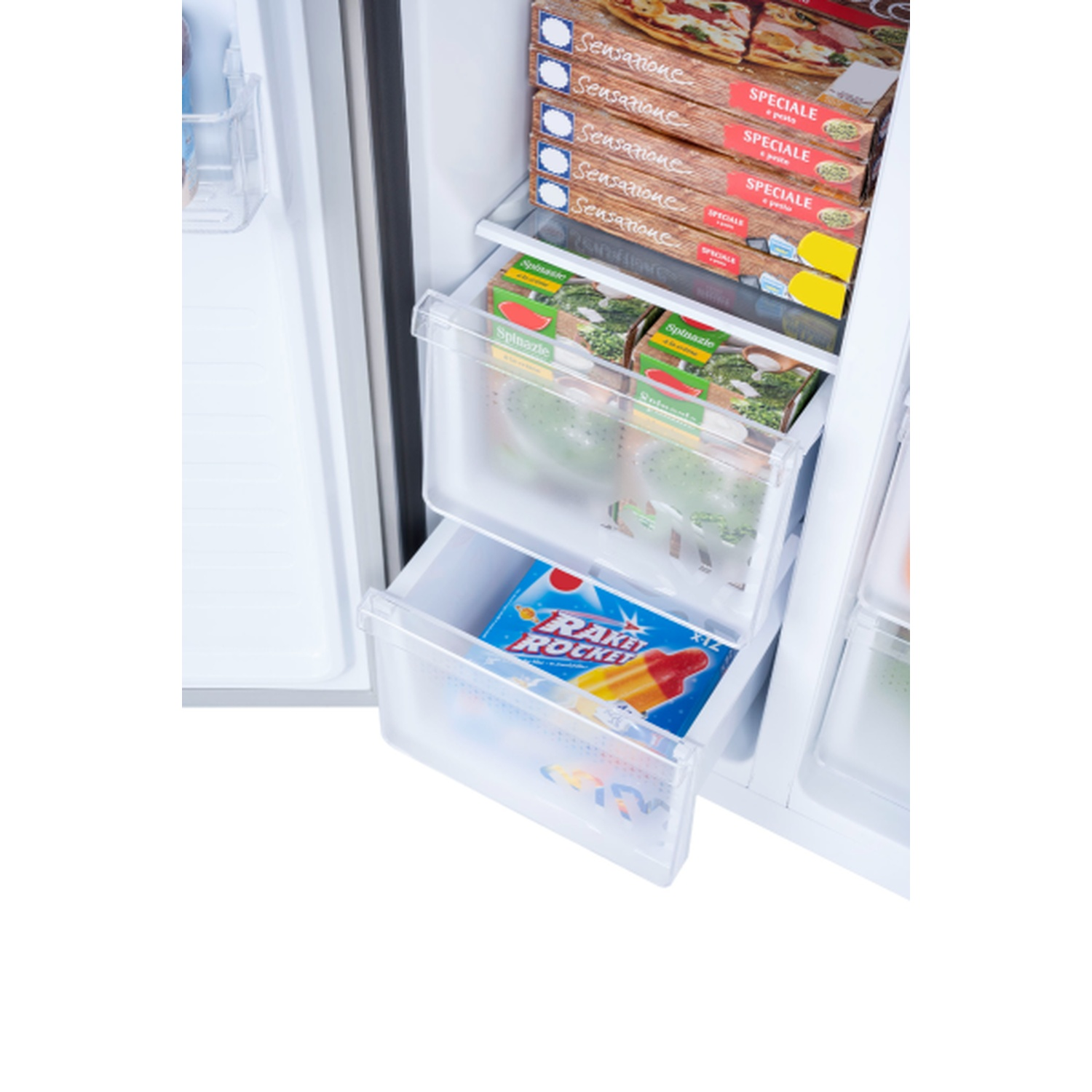 Inside a refrigerator, frozen pizzas, spinach boxes, and Rocket pop ice cream are visible.