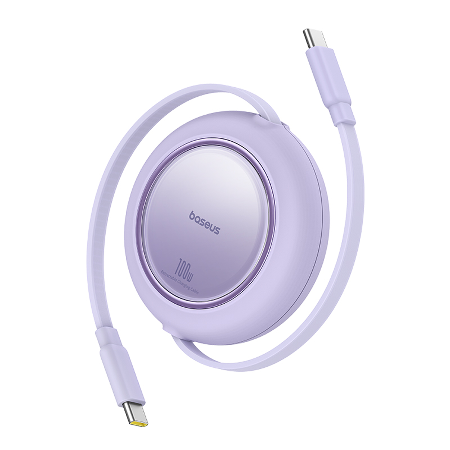 Un cable de carga retráctil Baseus morado. El cable es redondo y tiene un conector USB-C en cada extremo.