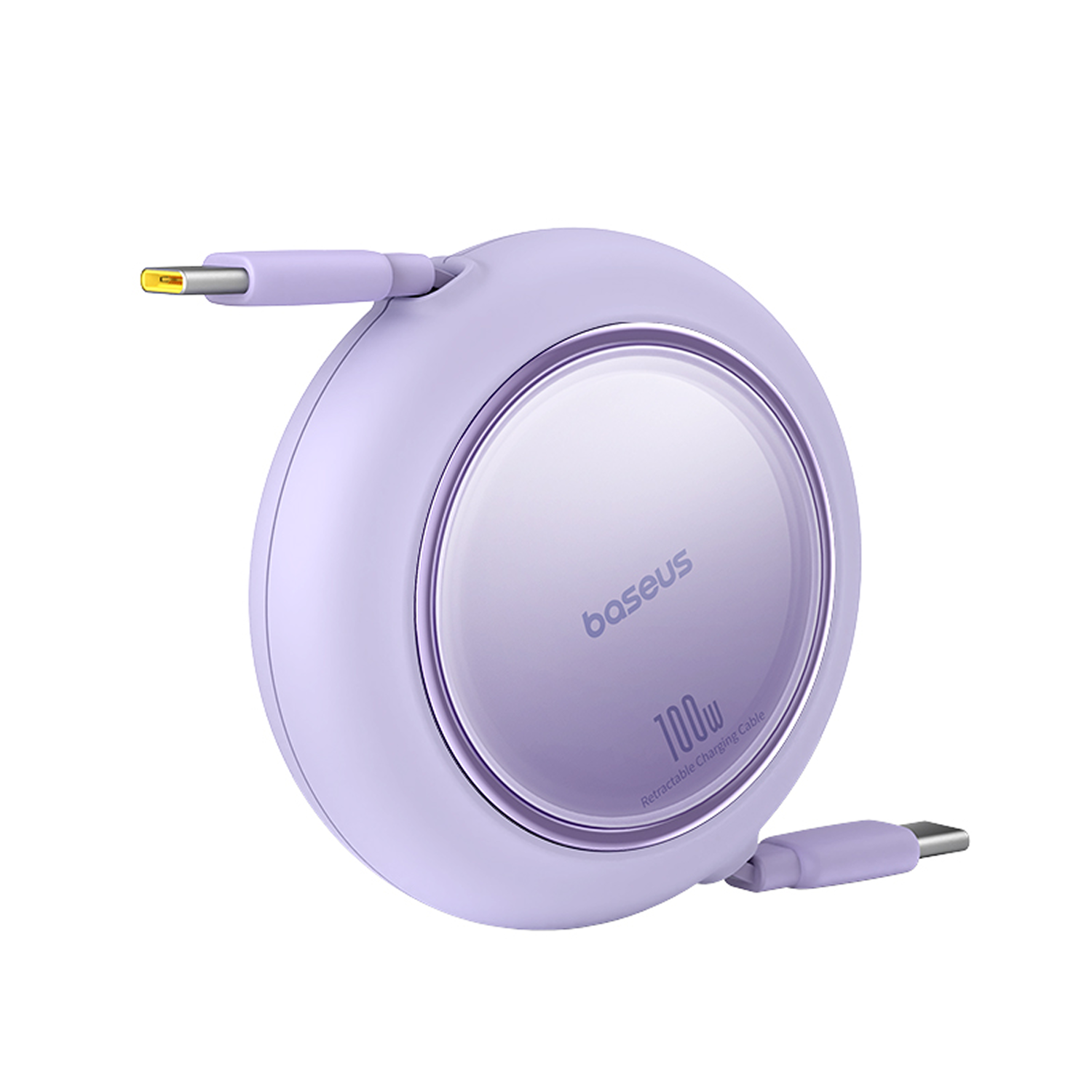 Un cable de carga retráctil Baseus morado. Tiene un cuerpo circular y dos conectores USB-C.