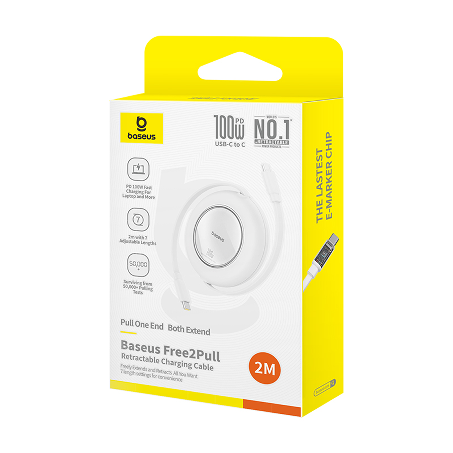 Caja de cable de carga Baseus. Colores amarillo y blanco. Cable con USB-C a C. Etiqueta dice: 100W, retráctil y 2M.