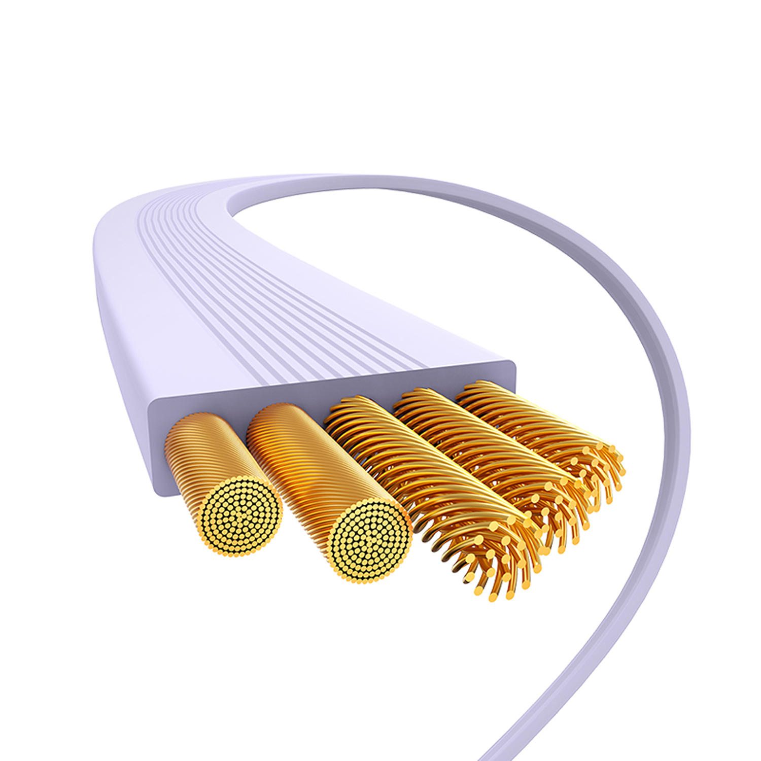 Ilustración de un cable con hebras doradas. El cable es blanco con líneas paralelas. Algunas hebras están deshilachadas.