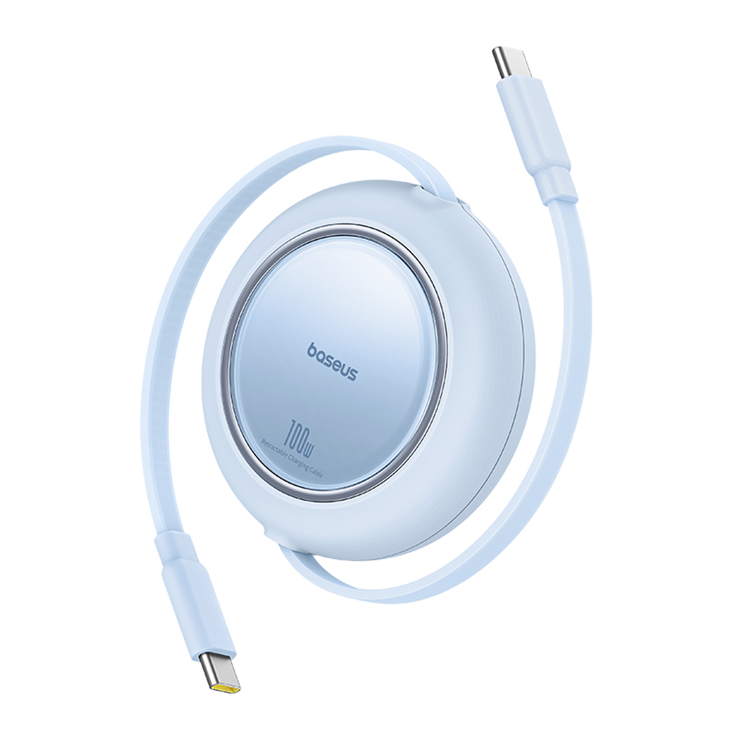 Un cable de carga retráctil azul claro con un cuerpo redondo, etiquetado como 'baseus 100W'. Dos conectores USB-C se extienden desde el cuerpo.