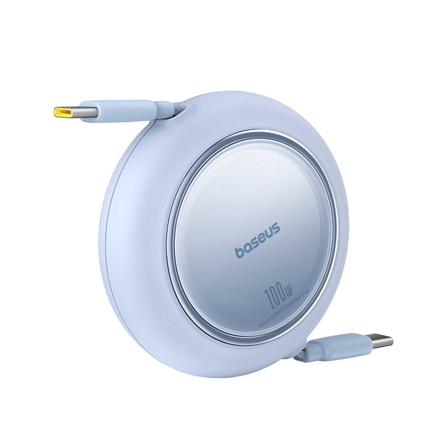 Un cable de carga retráctil Baseus de color azul claro de 100W. El cable es redondo y tiene un conector USB-C y un USB-A.