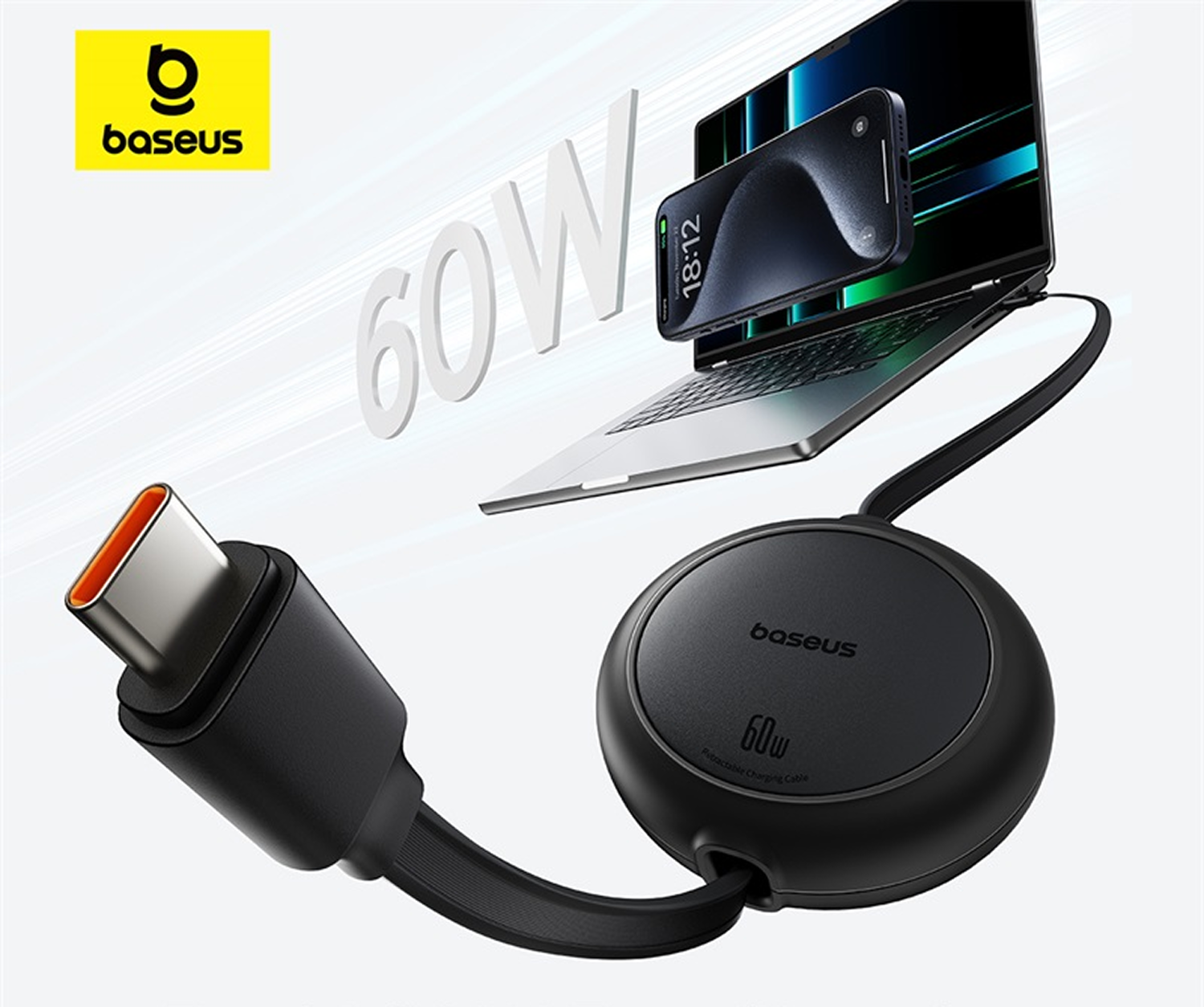 Un cable de carga retráctil Baseus negro de 60W, conectado a una laptop y un teléfono, sobre un fondo blanco. El logotipo de la marca es visible.