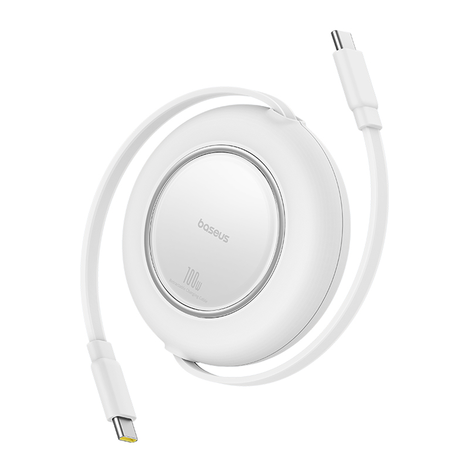 Cable de carga retráctil Baseus blanco. El cable es circular con dos conectores USB-C. El logotipo dice Baseus 100W Retractable Charging Cable.