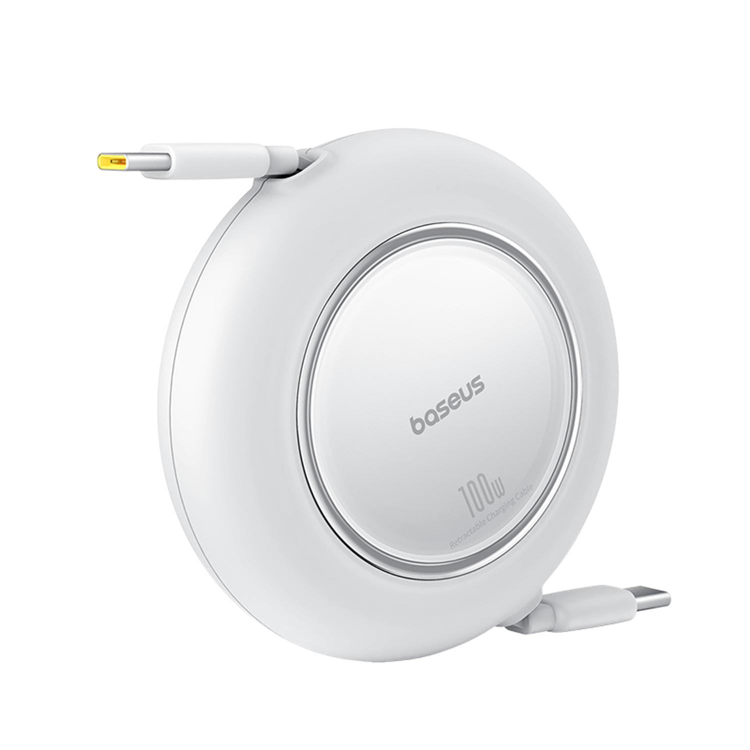 Un cable de carga retráctil blanco Baseus de 100W. El cable es redondo con un ribete plateado y dos conectores USB-C.
