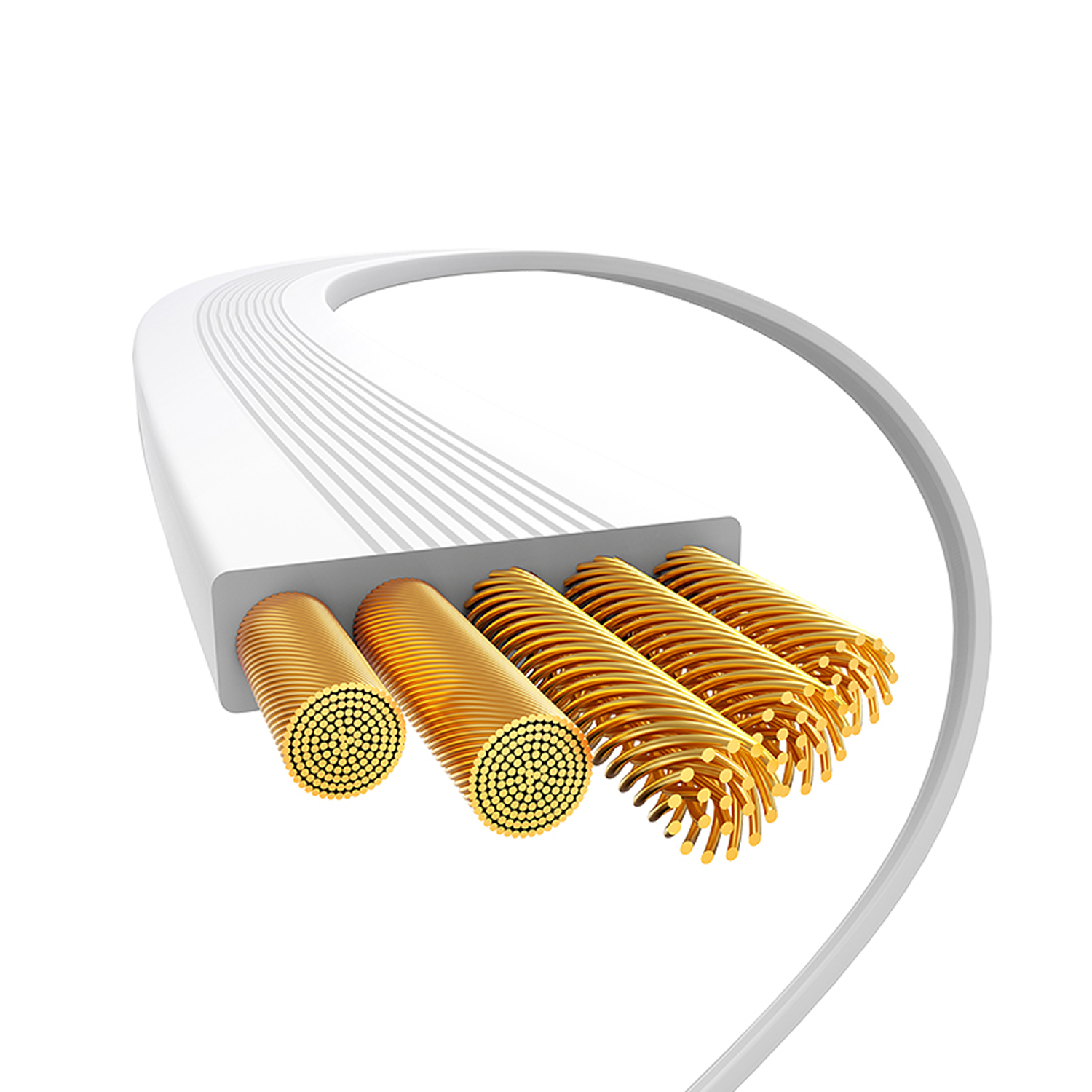 Diagrama de un cable con cables dorados. Los cables están en espiral y agrupados. El fondo es blanco.