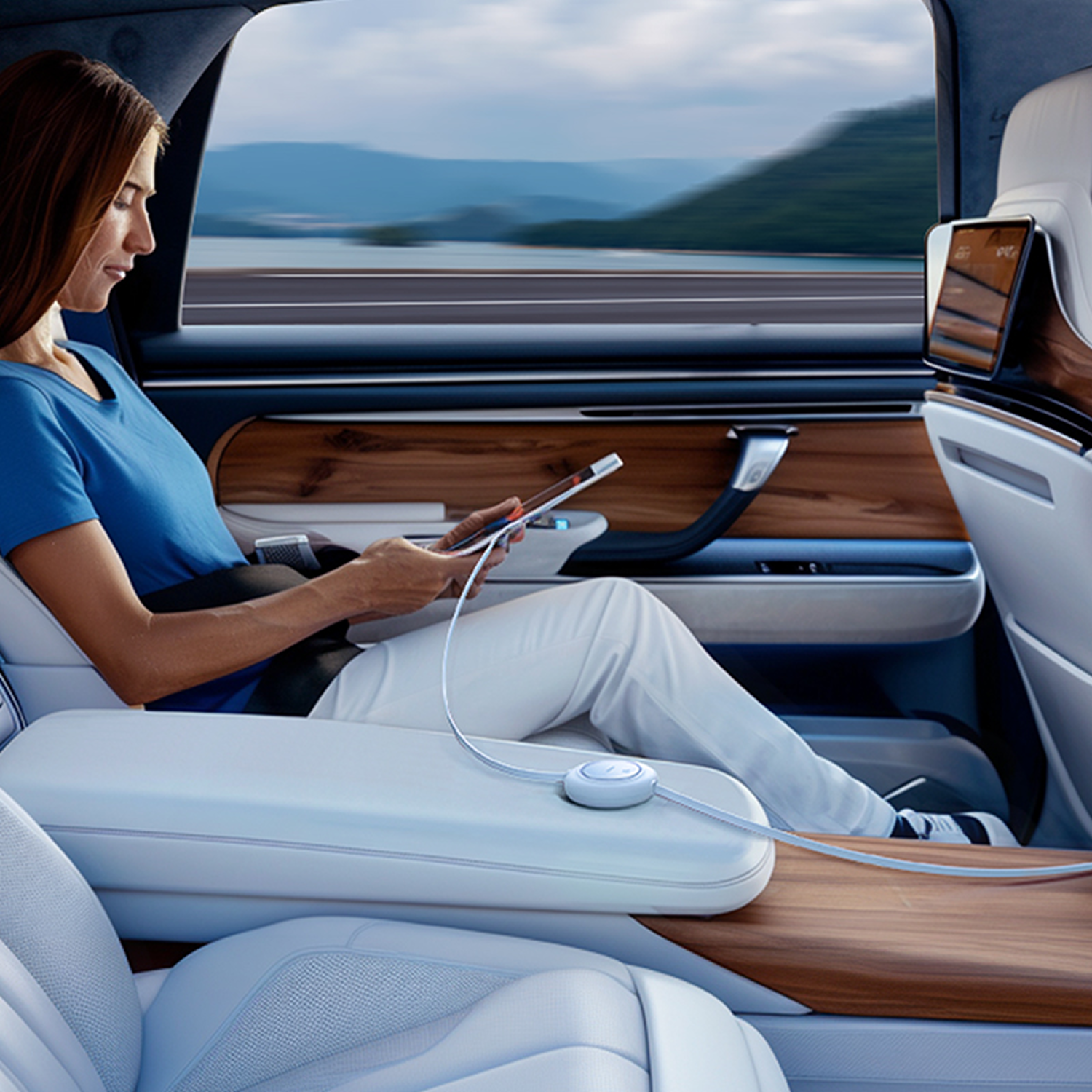 Mujer en coche usando tableta. Toma interior. Montañas y agua visibles por la ventana. Diseño moderno con detalles en madera.