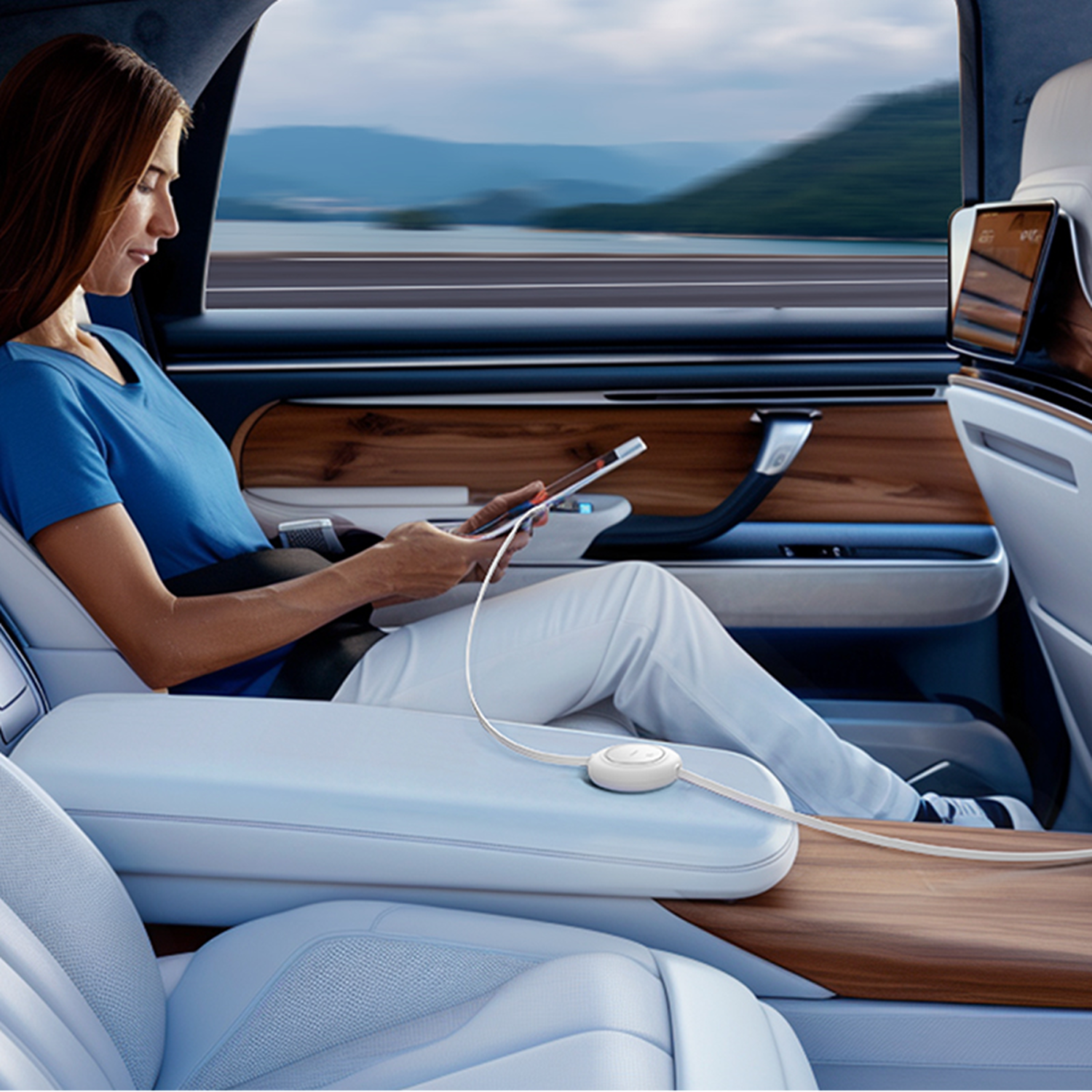 Mujer en coche usando tableta. Pantalones blancos, camisa azul. Vista panorámica. Detalles en madera en el coche.