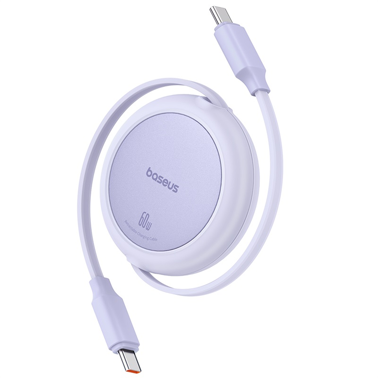 Un cable de carga retráctil Baseus de 60W. El cable es blanco con detalles morados. Tiene dos conectores USB-C y una carcasa circular.