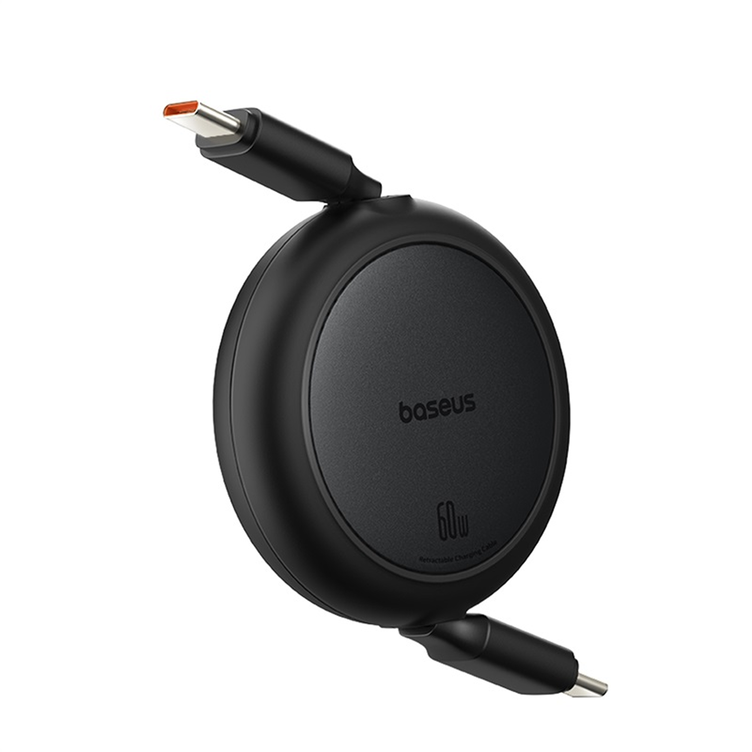 Un cable de carga retráctil Baseus 60W negro. El cable es circular y tiene dos conectores USB-C. El fondo es blanco.