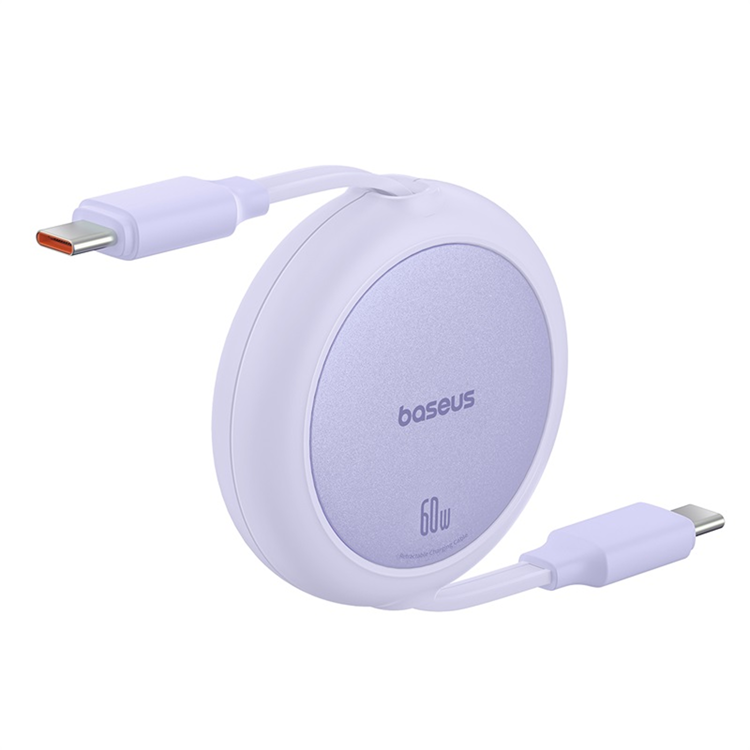 Un cable de carga retráctil Baseus de 60W. Es de color lila claro con una base circular y dos conectores USB-C.