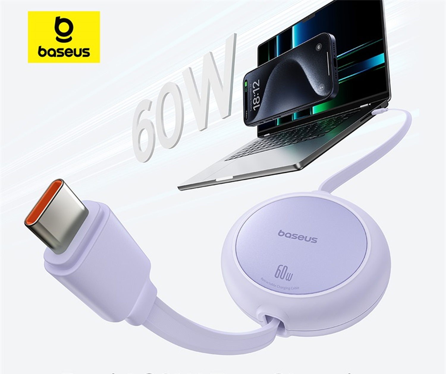 Cable de carga Baseus 60W con teléfono y portátil. El cable es morado, con conector USB-C. El teléfono muestra la hora 18:12.