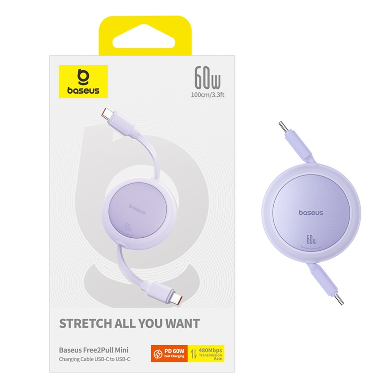 Cable de carga Baseus Free2Pull Mini. Un cable morado con un centro circular, en su caja y por separado, sobre fondo blanco.