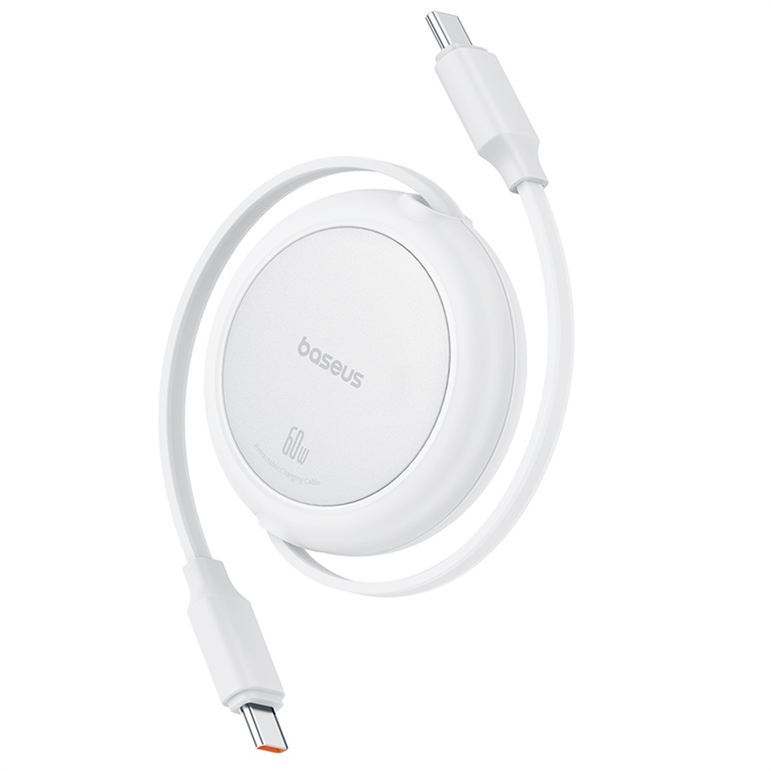 Un cable de carga retráctil blanco Baseus de 60W. El cable es circular y tiene conectores USB-C en ambos extremos. El fondo es blanco.