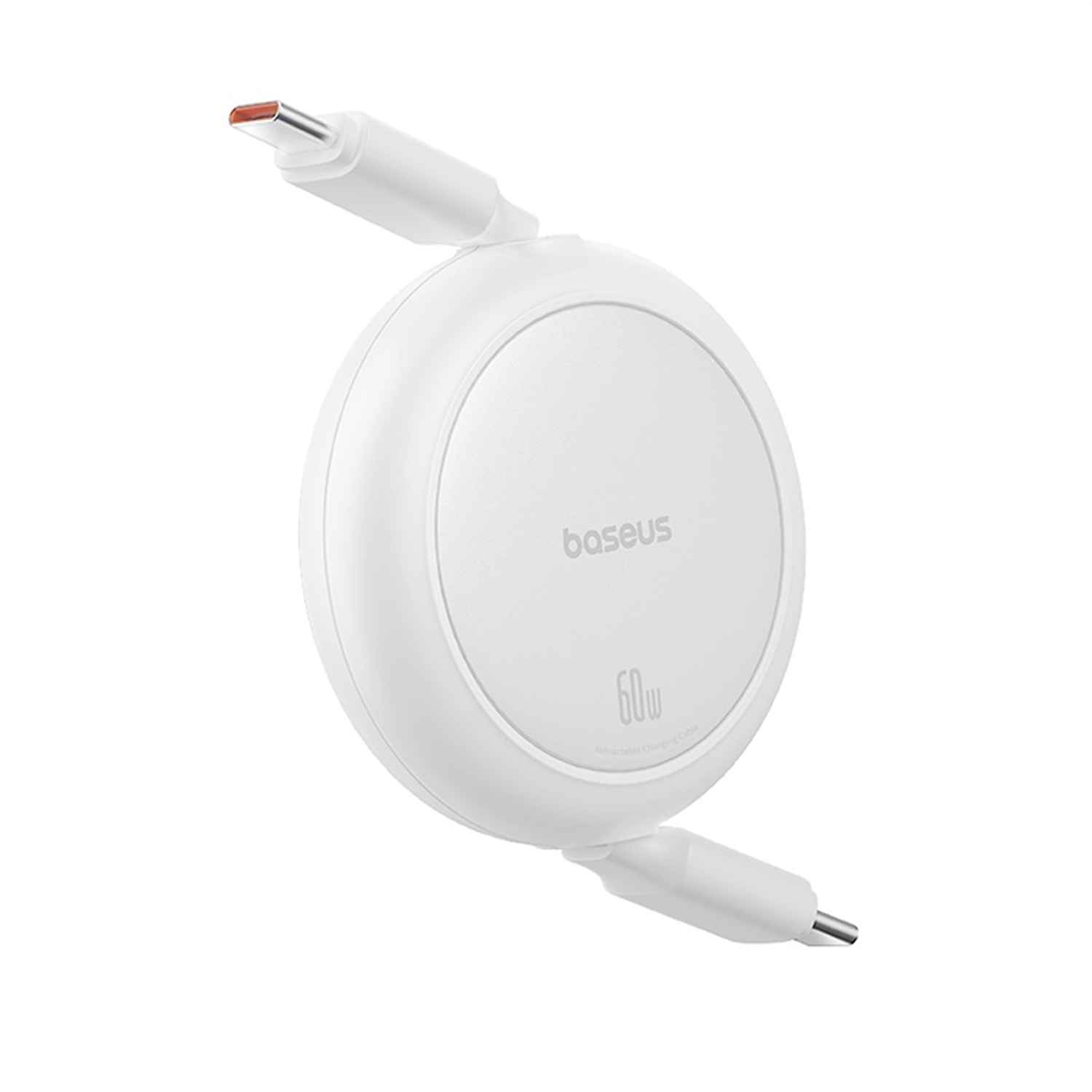 Un cable de carga retráctil Baseus blanco. El cable tiene dos conectores USB-C y el centro es un disco blanco.