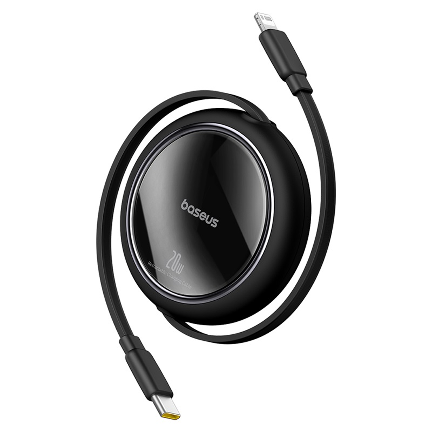 Cable de carga retráctil Baseus negro. Tiene conector USB-C y Lightning, con potencia de 20W.