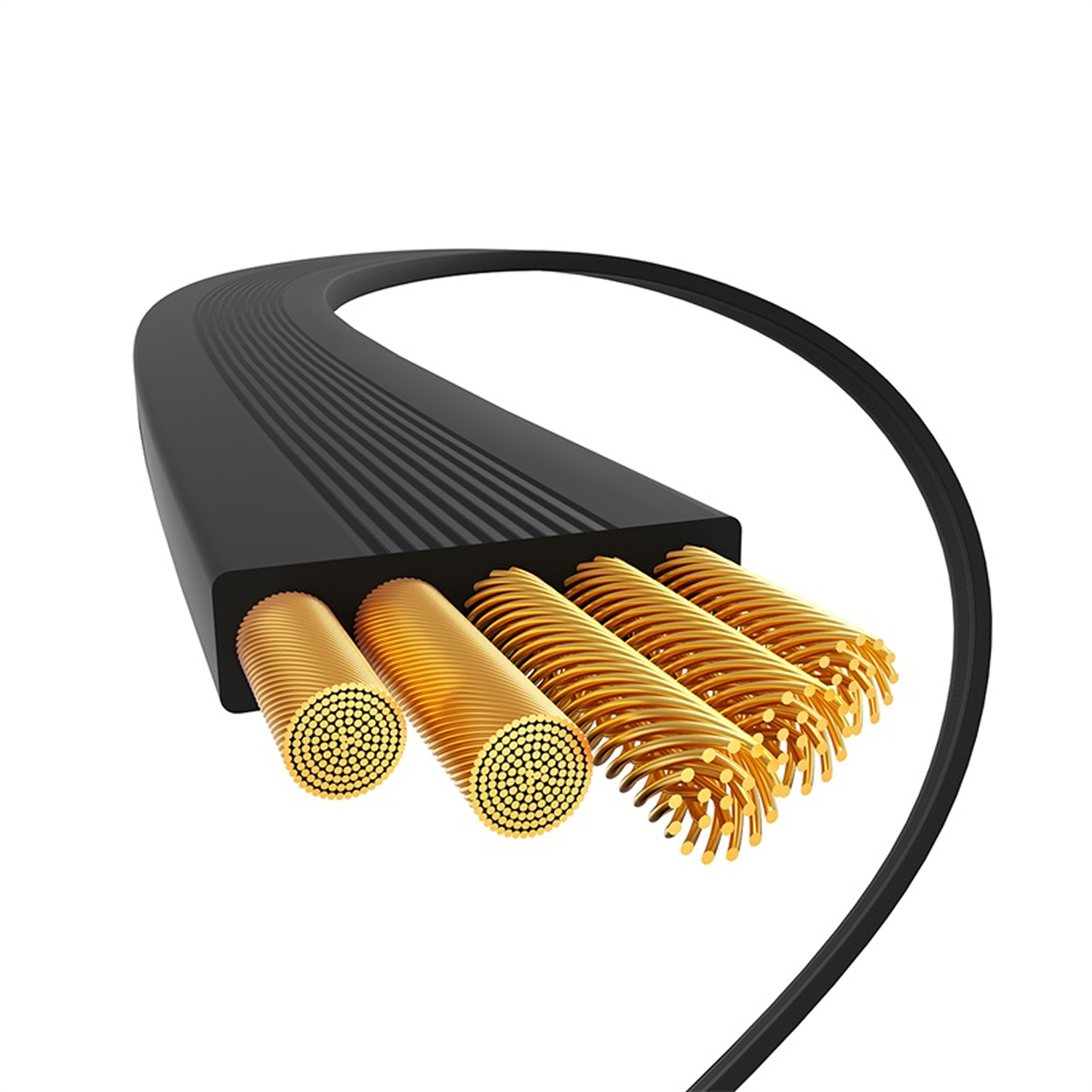 Cable negro con hilos internos dorados, sobre fondo blanco. El cable se curva y revela la estructura interna.
