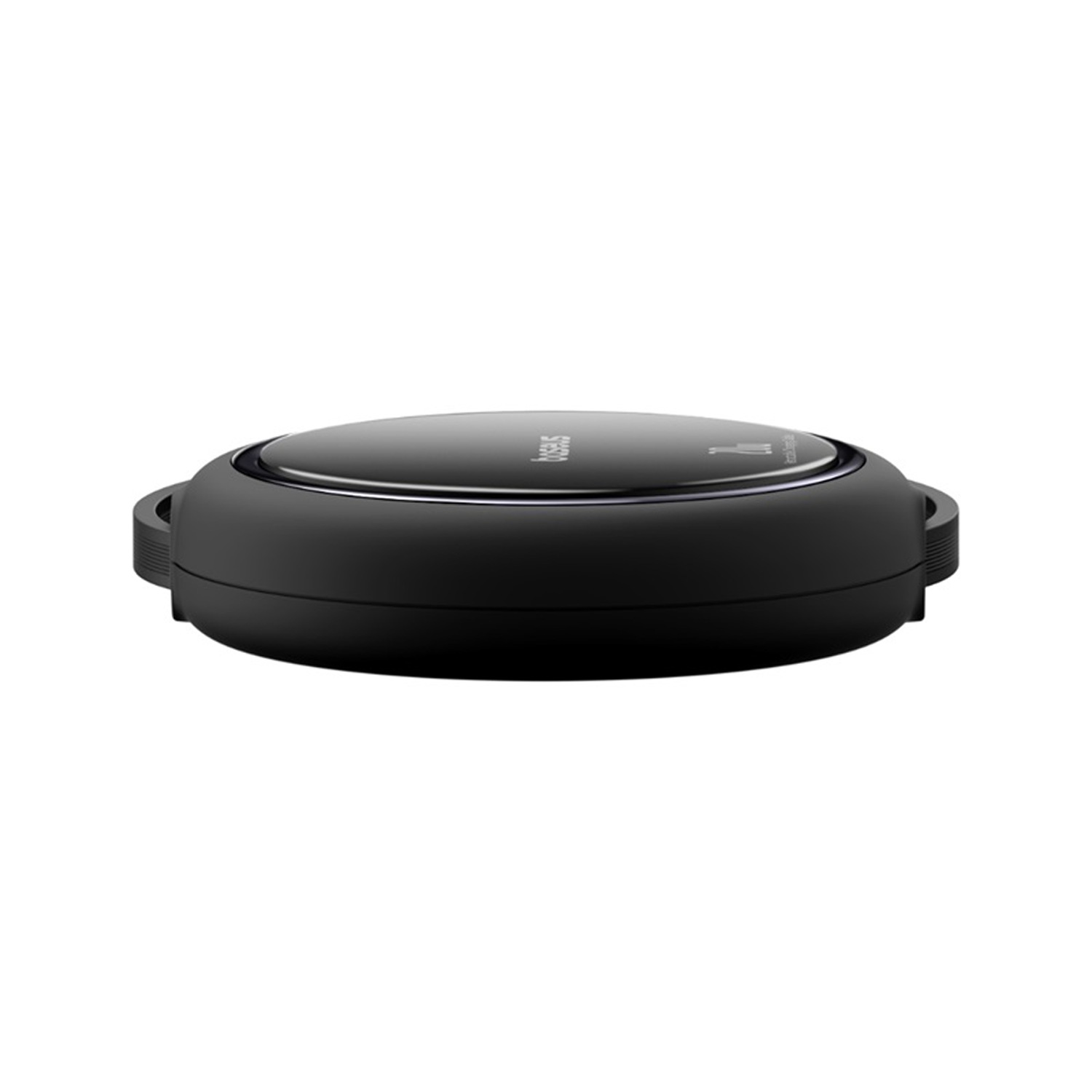 Un dispositivo negro y circular con una parte superior brillante y una base negra mate. La parte superior tiene texto y el dispositivo está sobre un fondo blanco.