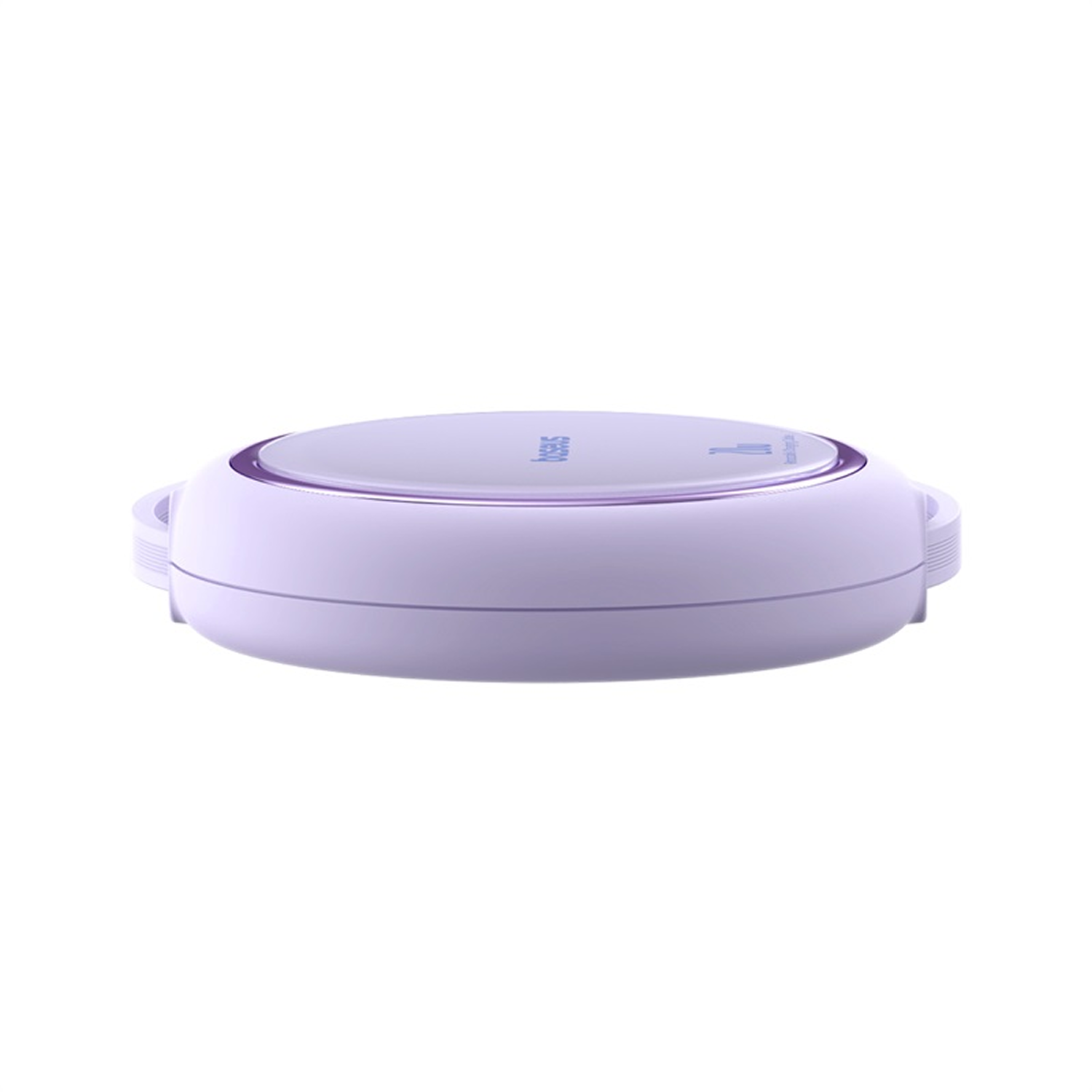 Un purificador de aire circular de color lila claro. Tiene una parte superior plana con la palabra 'bases' impresa. El fondo es blanco.