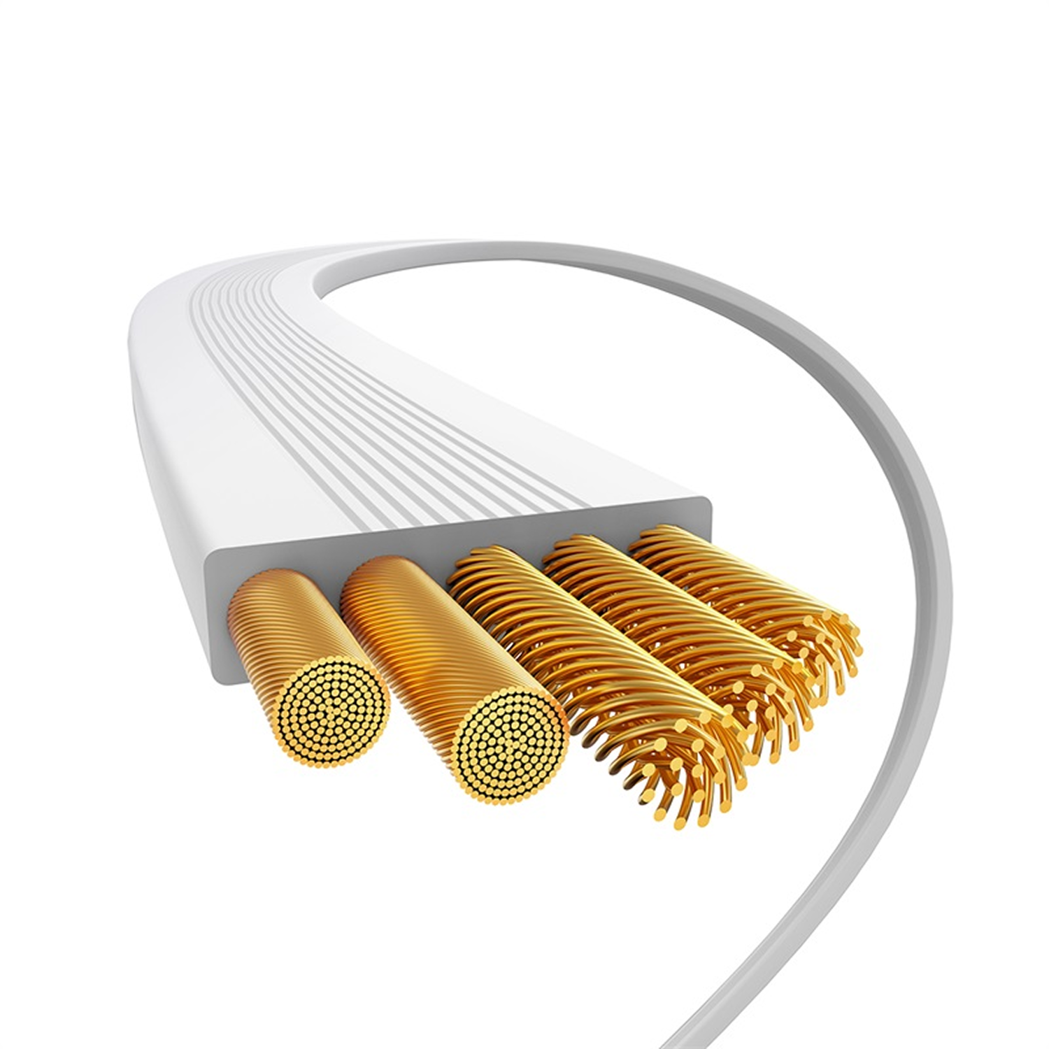 Diagrama de un cable blanco que revela cables dorados internos. El cable se curva con un arco gris. Los cables son cilíndricos y están agrupados.