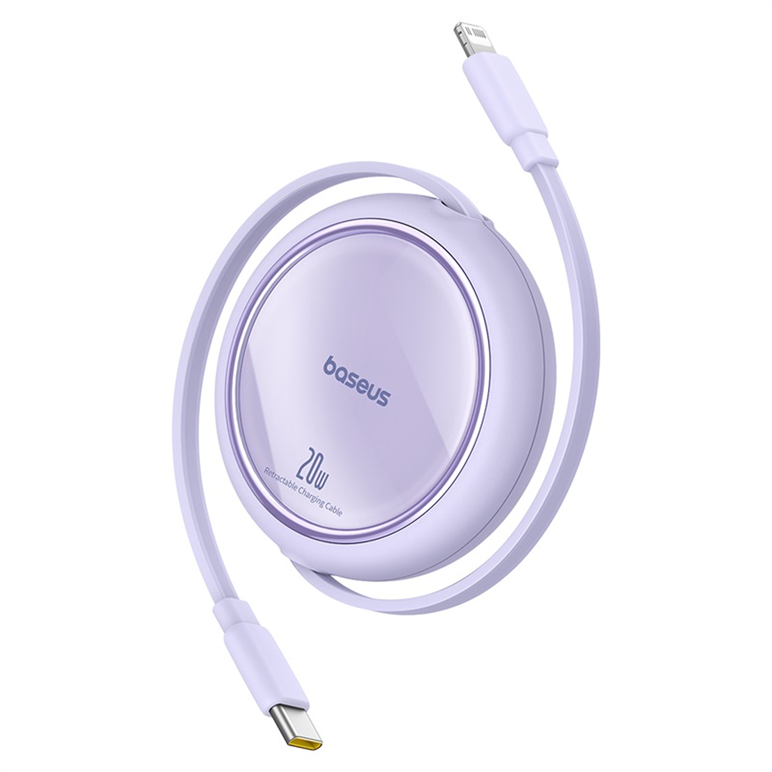 Un cable de carga retráctil morado. Tiene un conector USB-C y Lightning. El cable es de Baseus, 20W.