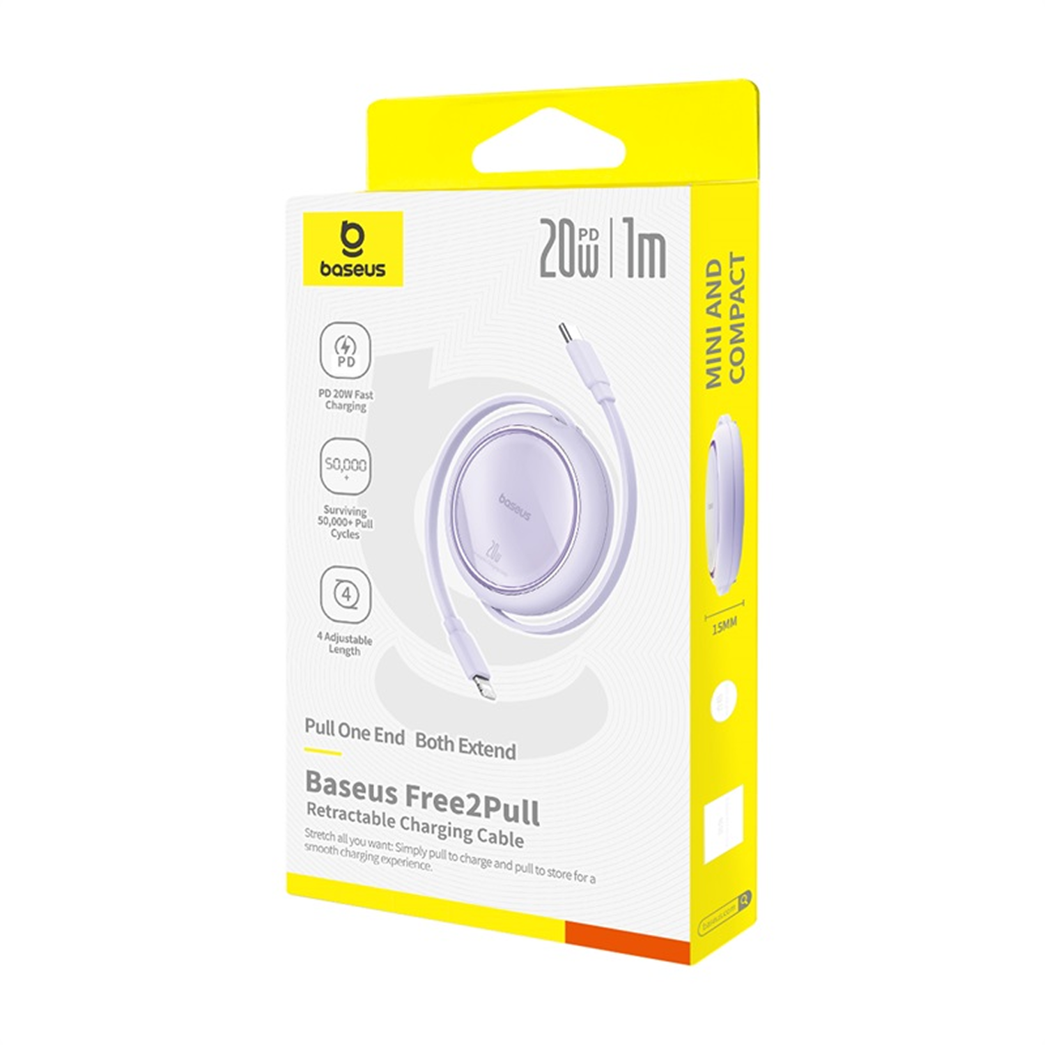 Caja de cable de carga Baseus Free2Pull. Embalaje amarillo y blanco con detalles del producto. El cable es blanco y morado, enrollado dentro.