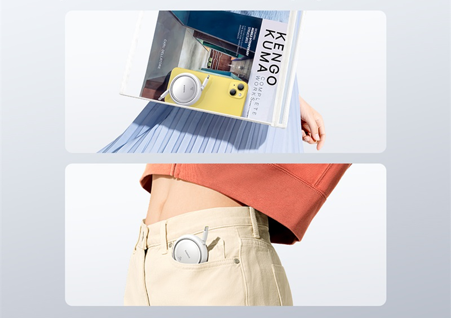Una persona sostiene un libro sobre un teléfono amarillo. Debajo, un dispositivo blanco está en un bolsillo.